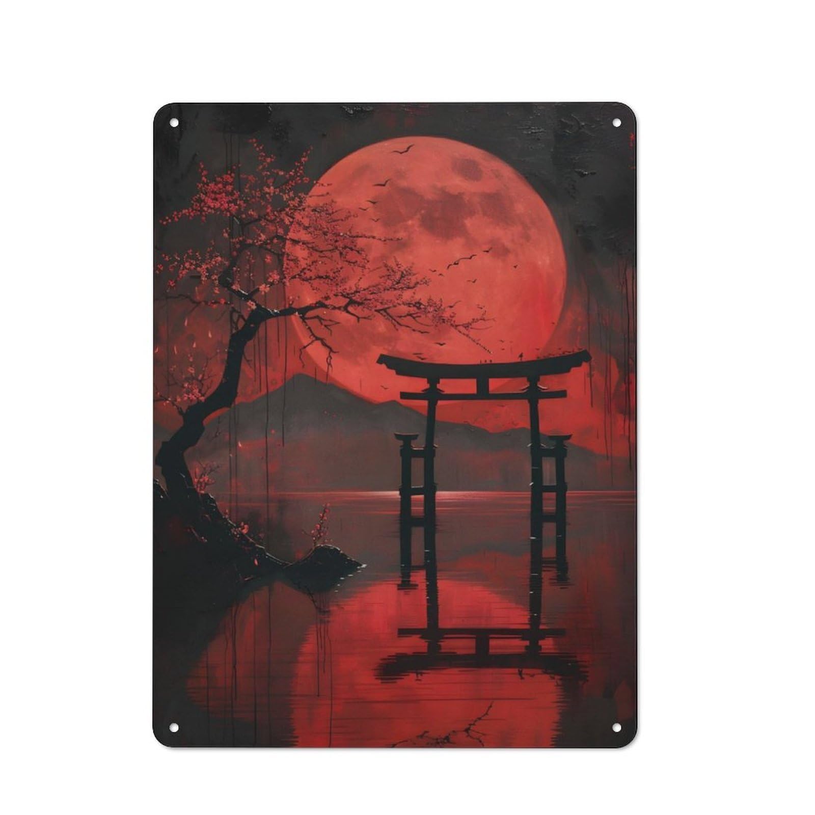 Junmoney Red Full Moon Holy Lake Retro-Style Metal Plaque 40X30cm For Kitchen Or Home Bar, Gift For Home Bar Enthusiasts During The Christmas Season