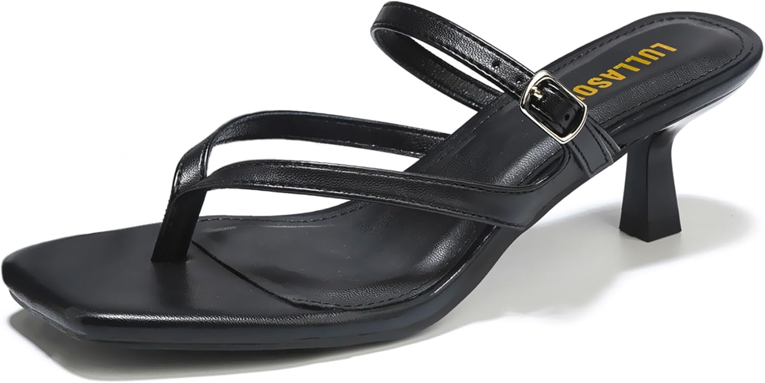 Women's Kitten Heels Sandals Flip Flops Low Heels Slip On Slides 1.8-2 Inch Heeled Square Open Toe Sandals for Women 8 Black