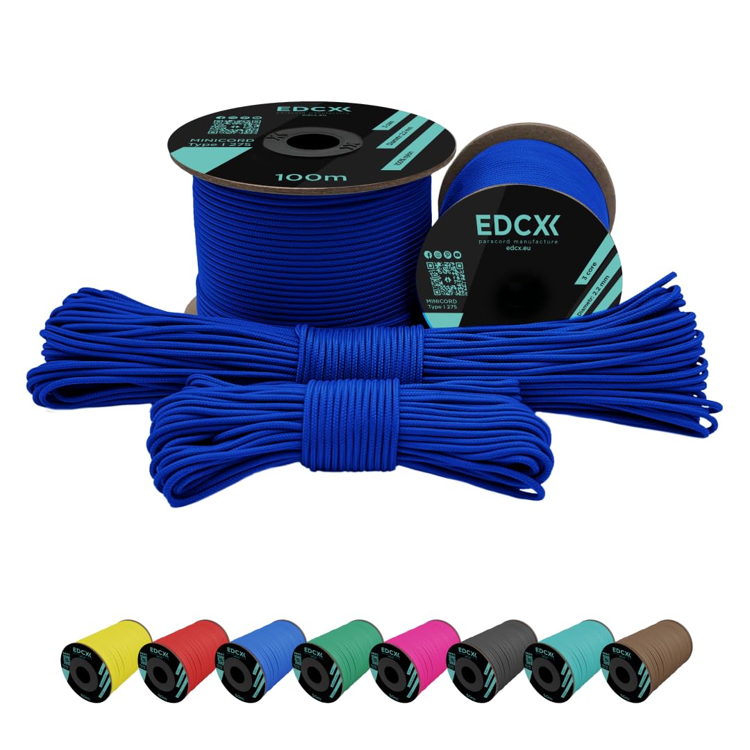 EdcX 2 mm Nylon Paracord 275 (15, 30, 50 and 100 m)- 100% Nylon rope, 3-Strand cord, Nylon cord 2 mm in Many Colours (Blue, 30 m)