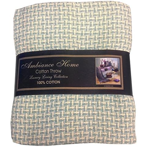 Ambiance Home 130cm x 180cm Basket Weave Blue Throw, 100% Cotton, Traditional Woven Fringed Tassel Ends, Duck Egg Off White/Cream Cover