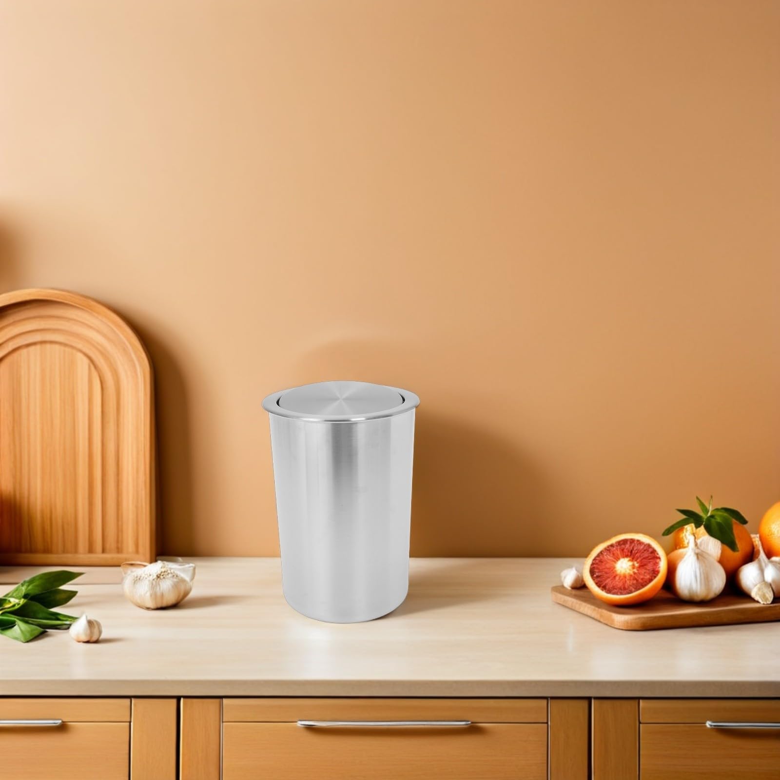 Cubo de Basura con Tapa Abatible Silenciosa Empotrado de Acero Inoxidable Diseño Redondo Moderno y Funcional para Cocina y Restaurante