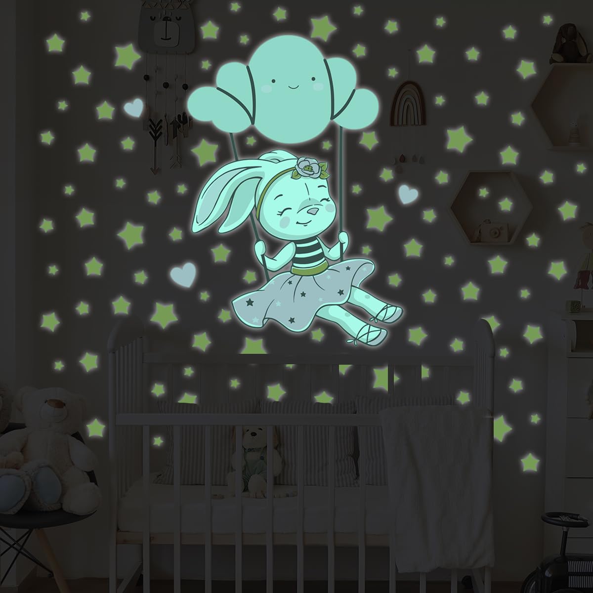 Ambiance Sticker Świecąca fosforyzująca naklejka ścienna dla dzieci fluorescencyjny królik na chmurze huśtawka - H115 x Dł. 80 cm