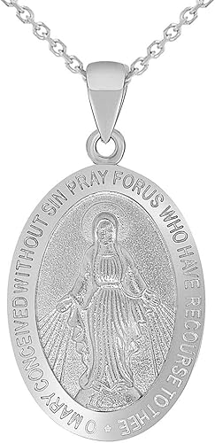 Collar con colgante de medallón milagroso de la Virgen María en oro blanco sólido de 14 quilates