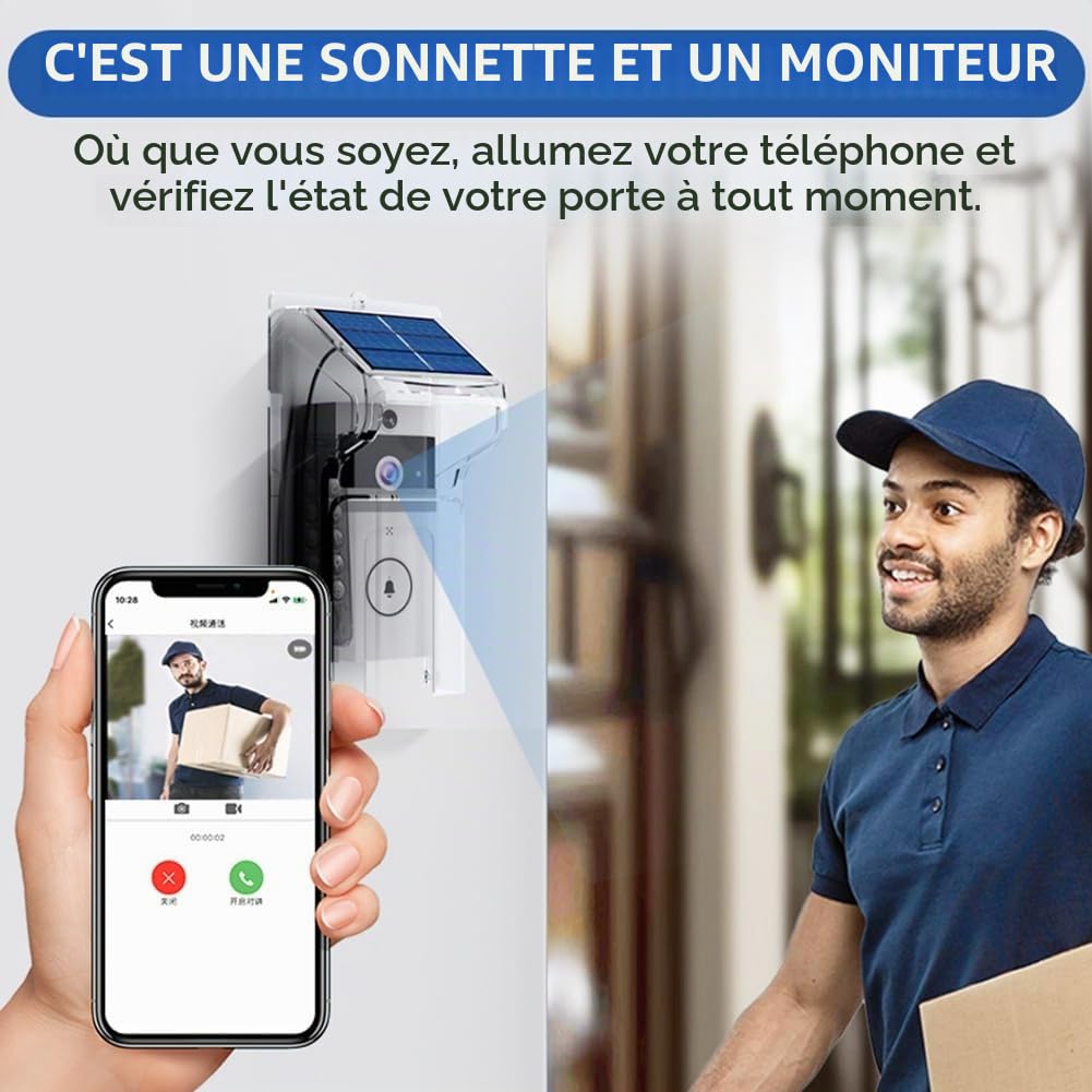 Sonnette WIFIvisual Sans Fil avec Chargement Solaire, Vision Nocturne, Étanche, pour Maison Intelligente, HD, Interphone Bidirectionnel, Voix
