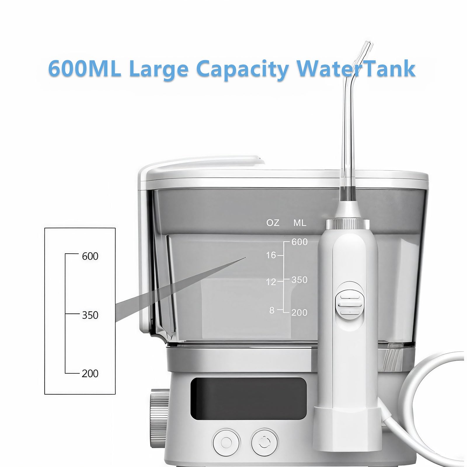 Irrigador bucal eléctrico de 600 ml, ajuste de presión en 10 niveles y boquilla giratoria de 360°, pantalla LED con múltiples modos, incluye 2 boquillas para el cuidado bucal