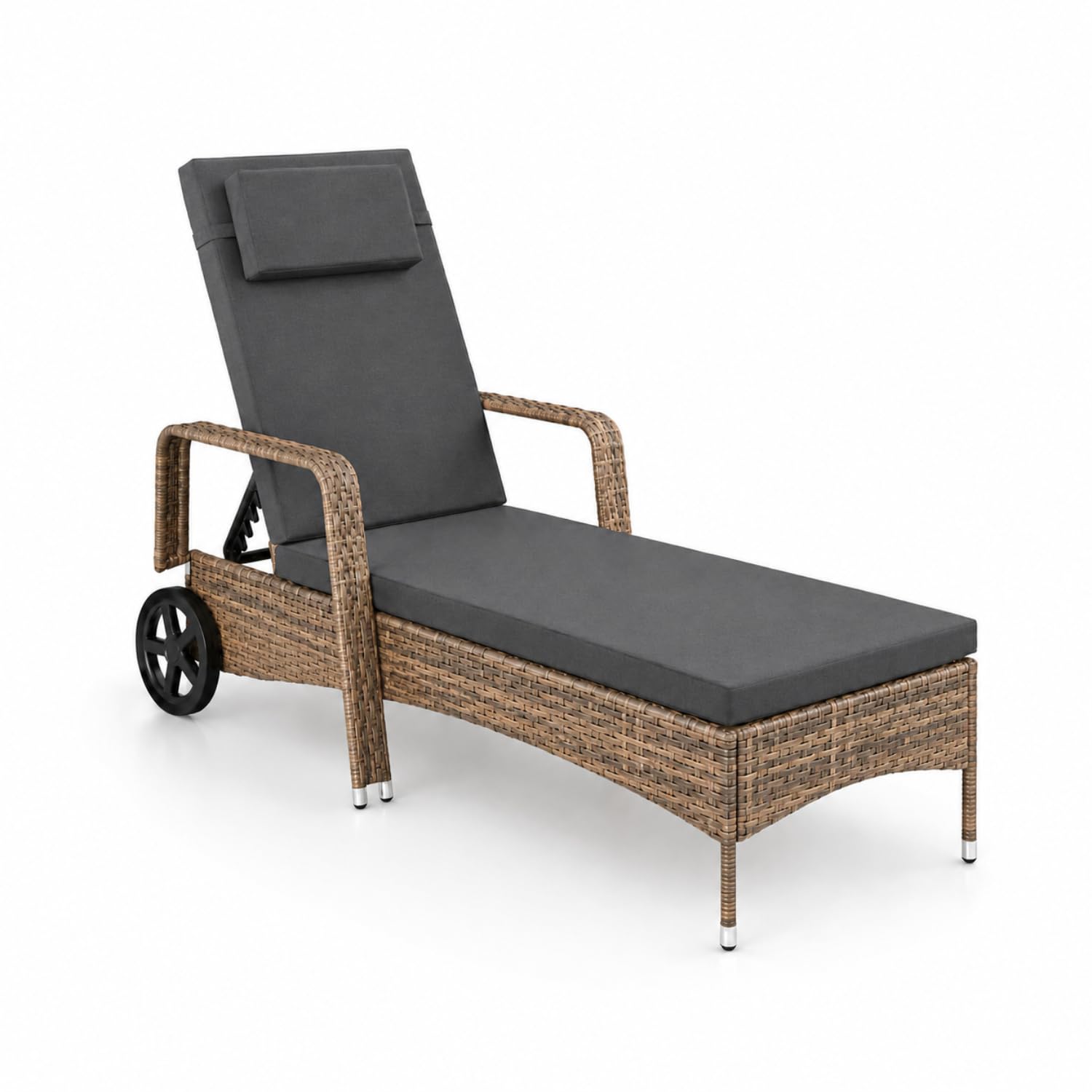 Lettino Prendisole Reclinabile In Polyrattan Con Schienale Regolabile In 6 Posizioni Cuscino Poggiatesta E Ruote Per Giardino Piscina Terrazzo 196 x 72 x 94.5 Cm Marrone Chiaro