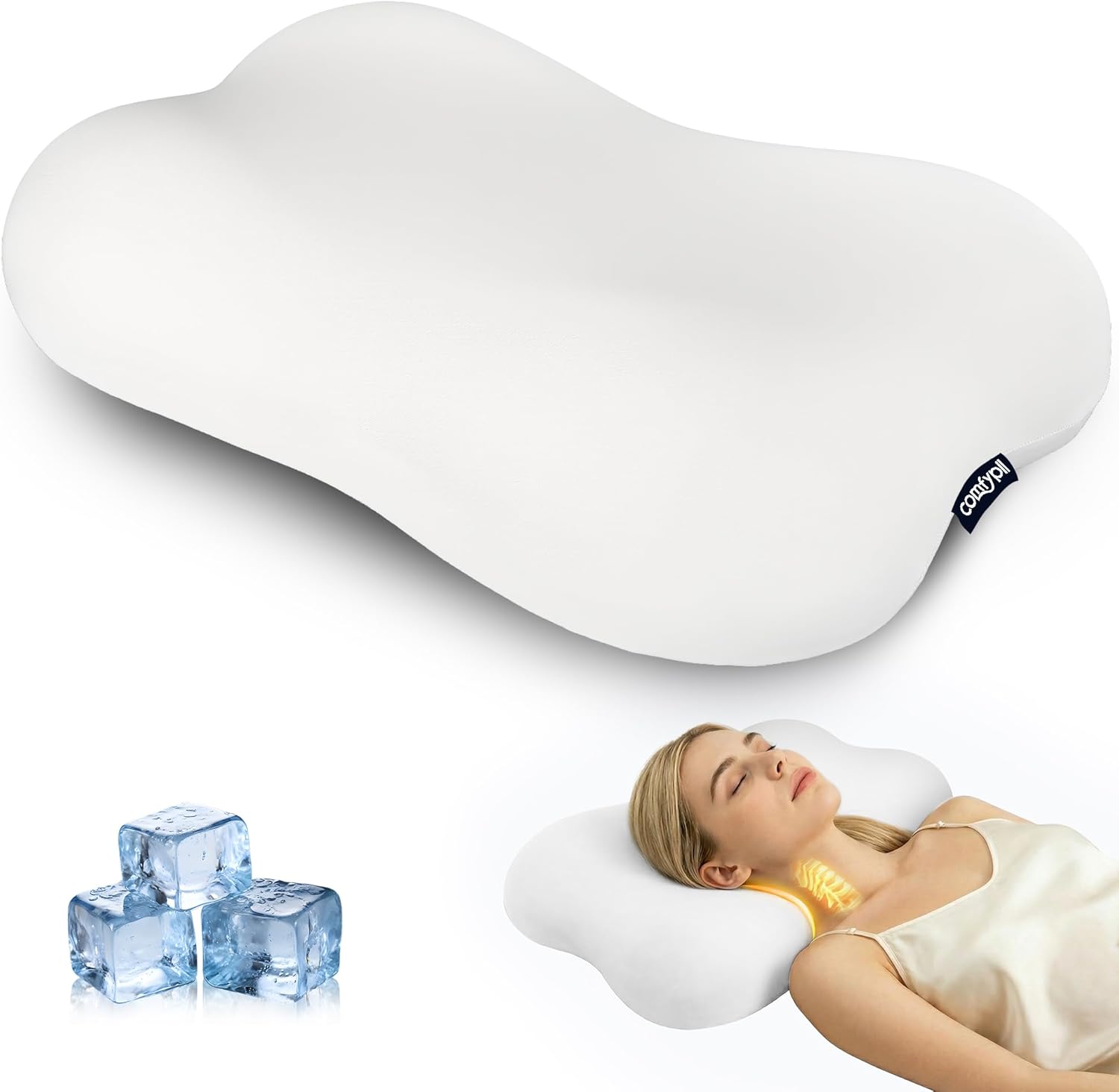 Cervical Pillow for Neck Pain Relief, Ergonomic Contour Memory Foam Pillow for Side Back Stomach Sleepers, Deep Sleep Pillow for Cloud-Soft Shoulder Support with Cooling Pillowcase, White