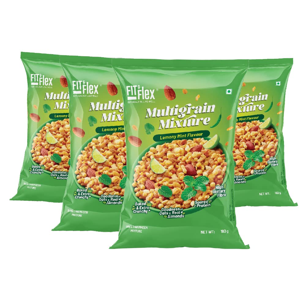 Fit & Flex Multigrain Mixture, Lemony Mint(180g x 4), Zero Cholesterol, Oat Rich, Extra Baked and Crunchy Snack, High Dietary Fibre, All-time Party Snack - As Seen on Shark Tank India - Pack of 4, 720 Gm