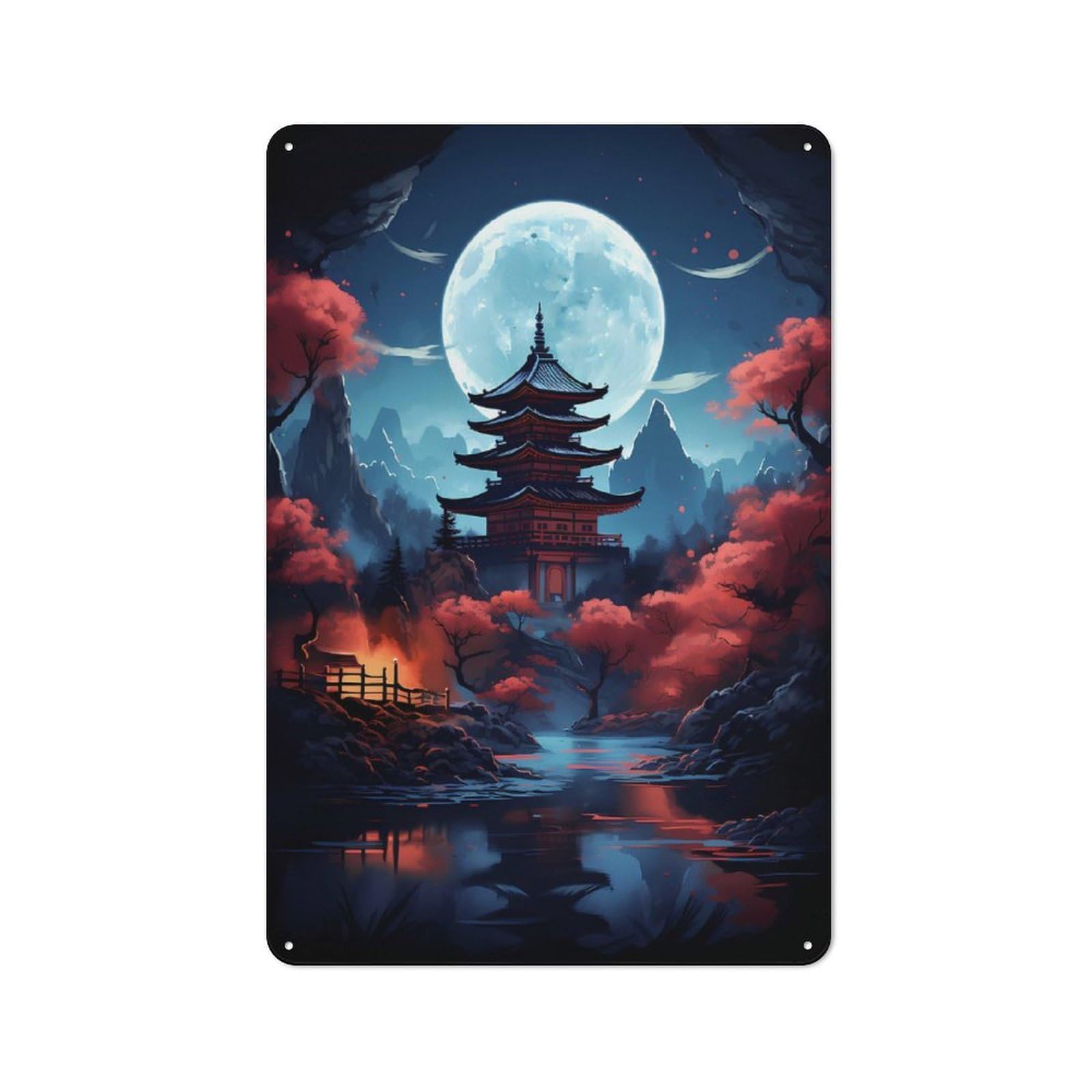 Junmoney Pagoda With Moon Light Rustic Tin Wall Plaque 30X20cm For Kitchen Or Home Bar, A Winter Wall Decor Update For Kitchen Decor Lovers