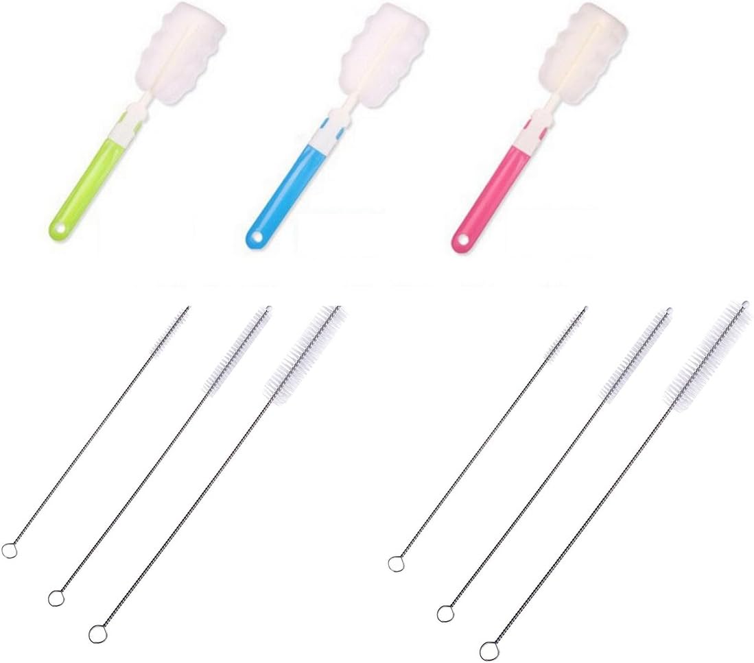 6 pcs Drink Straw Cleaning Brush Kit & 3 Sponge Cleaning Brushes/Scrubber for Milk Bottle,Coffee Tea and Others (Set of 9)