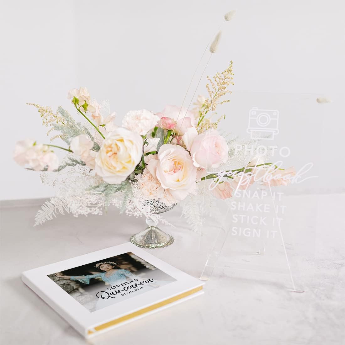 Andaz Press Personalized Quinceañera Guest Book with Gold Accents, Custom Photo White with Black, 120 Pages 8.5"x8.5" Hard Cover Photo Album for Mis Quince Años XV 15th Birthday Decorations, 1-Pack