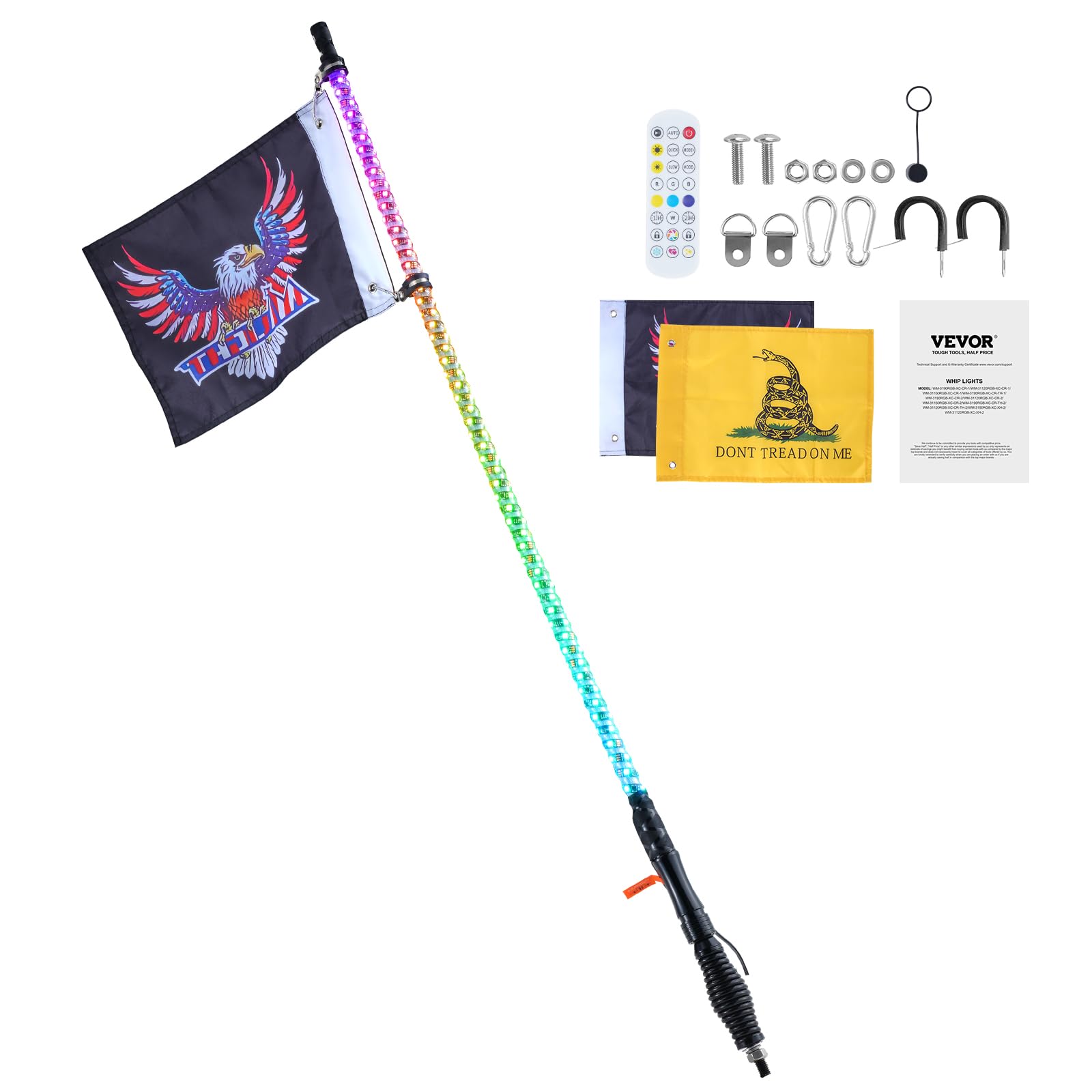 VEVOR Fouet Lumineux LED de 91 cm avec Base à Ressort, Télécommande APP et RF, Étanche à 360° en Spirale RVB avec 2 Drapeaux, Éclairage pour UTV, VTT, Motos, RZR, Camions, Tout-Terrain, 1 Pièce