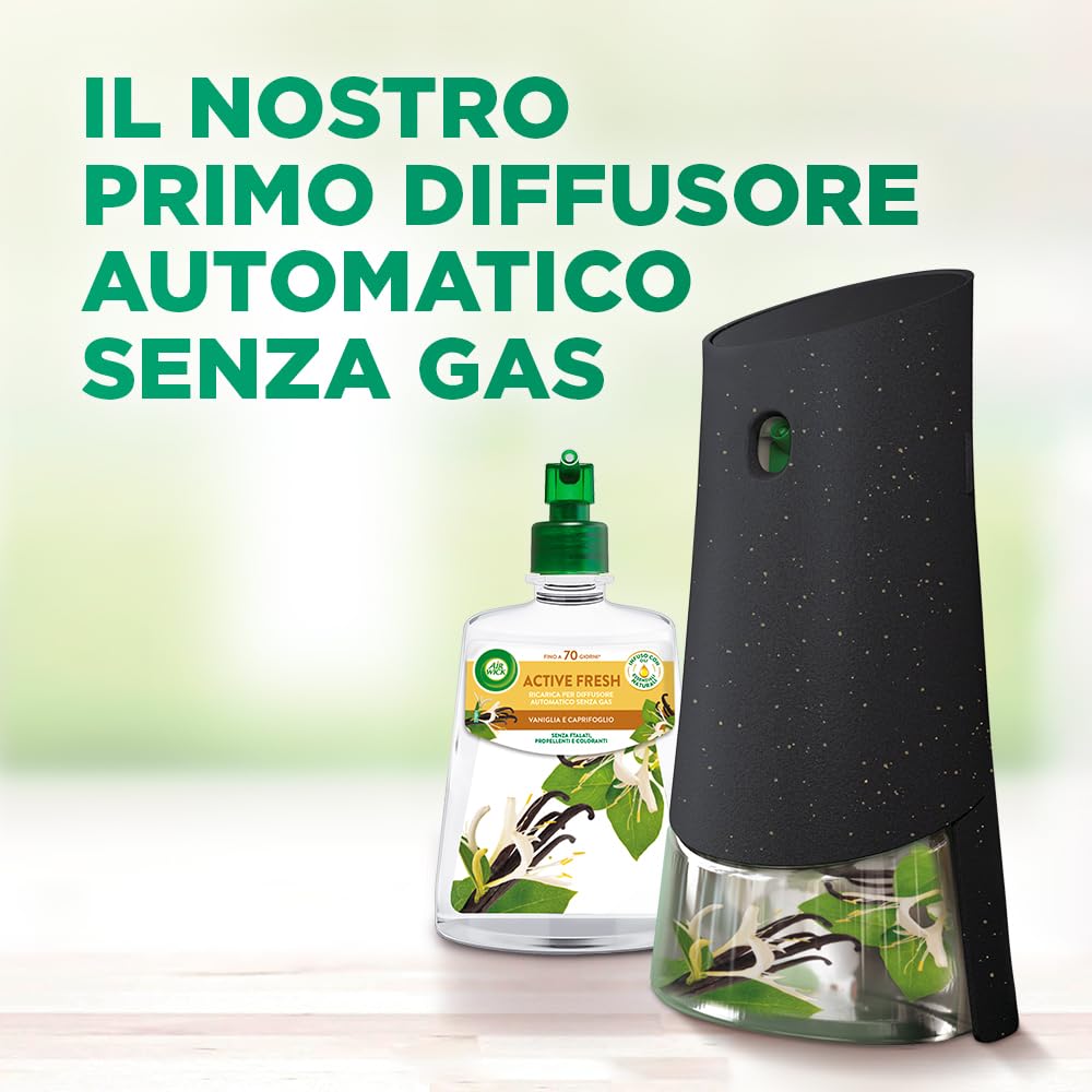Airwick Active Fresh Deodorante per Ambienti, Confezione con 1 Diffusore Automatico senza gas, 1 Ricarica alla Fragranza Vaniglia e Caprifoglio 228ml, 2 Pile AA, Neutralizza Odori 24/7