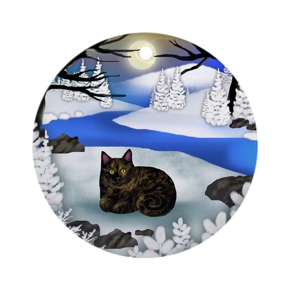 YiiHaanBuy Tortoiseshell CAT Frozen River Ceramic Round Ornament Present Idea for Coworker 3" Flat Circle with Metallic Gold Ribbon Box - Ceramic Piece of Art to Hang on Your Wall
