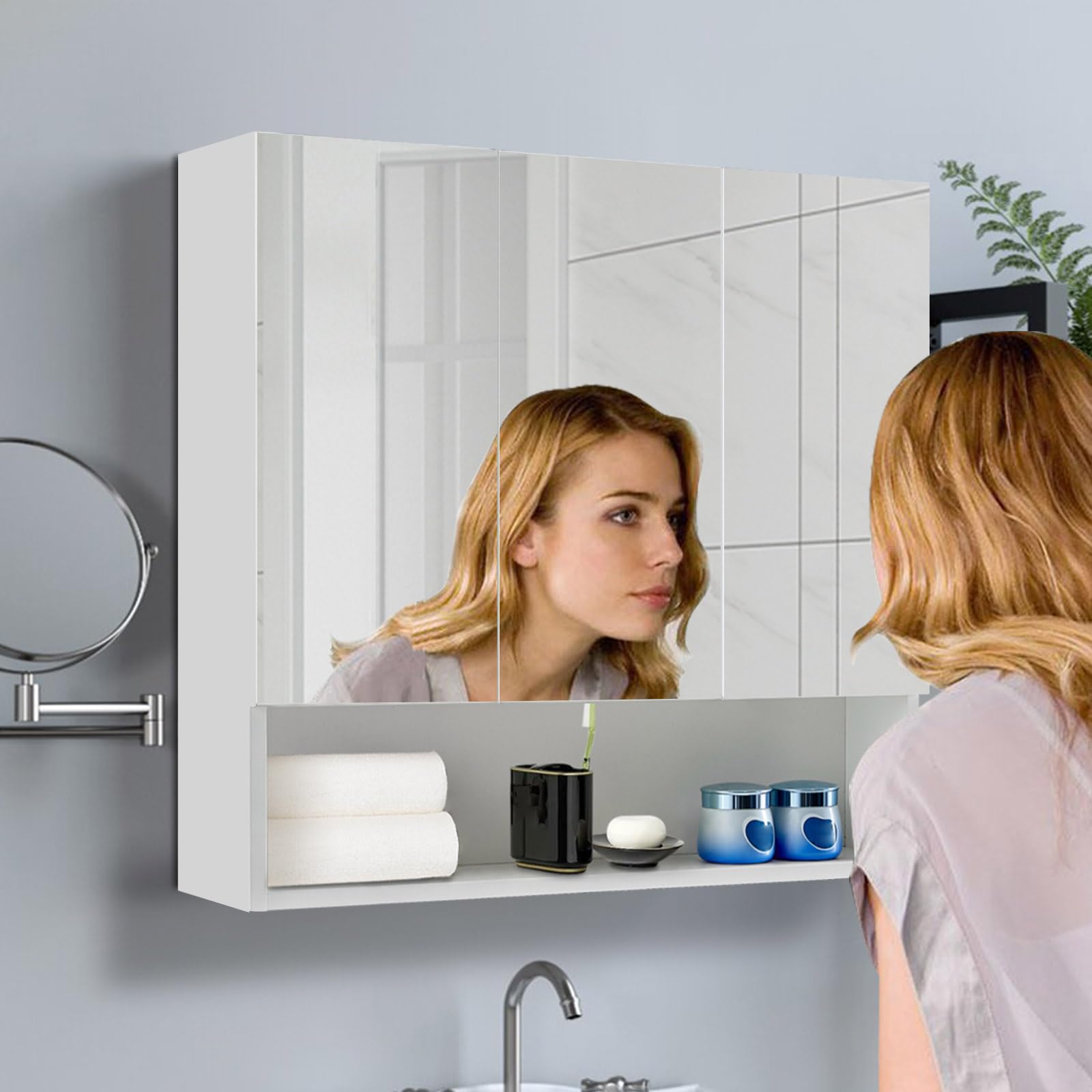 Tukailai - Armadietto per il bagno a giorno con montaggio a parete, bianco, con specchio, portaoggetti, con 3 ante, con ripiani a regolabili, impermeabile