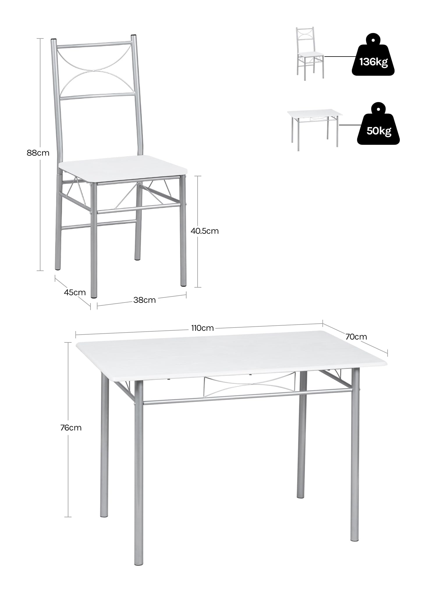 WOLTU Mesa y Sillas Comedor para 4 Personas, Mesa Cocina de Madera, Juego de Muebles de Comedor, Madera MDF y Metal, Blanco + Plata