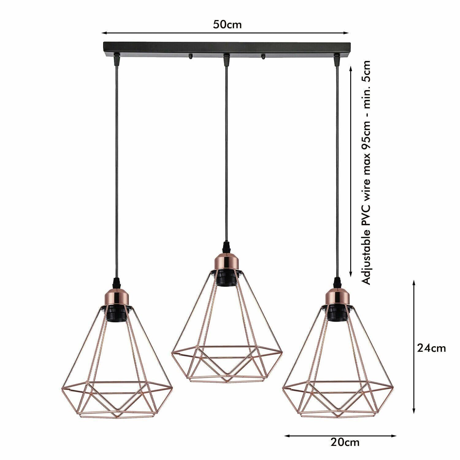 LEDSone Vintage metalowa 3-głowicowa lampa przemysłowa wisząca z drucianej klatki, diamentowa klatka, czarna wisząca lampa sufitowa E27, mocowanie z płytą sufitową 50 cm (diament 3, różowe złoto)