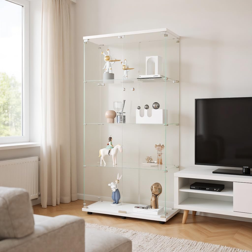 DADEA Vitrina Cristal 4 Estantes y 2 Puerta, Vitrina con Cerradura, 36,5 x 80,5 x 164cm, Columna Expositora Vidrio MuebleVitrina Expositora Armario Vidrio VitrinaExpositora AltaVitrina Suelo, Blanco