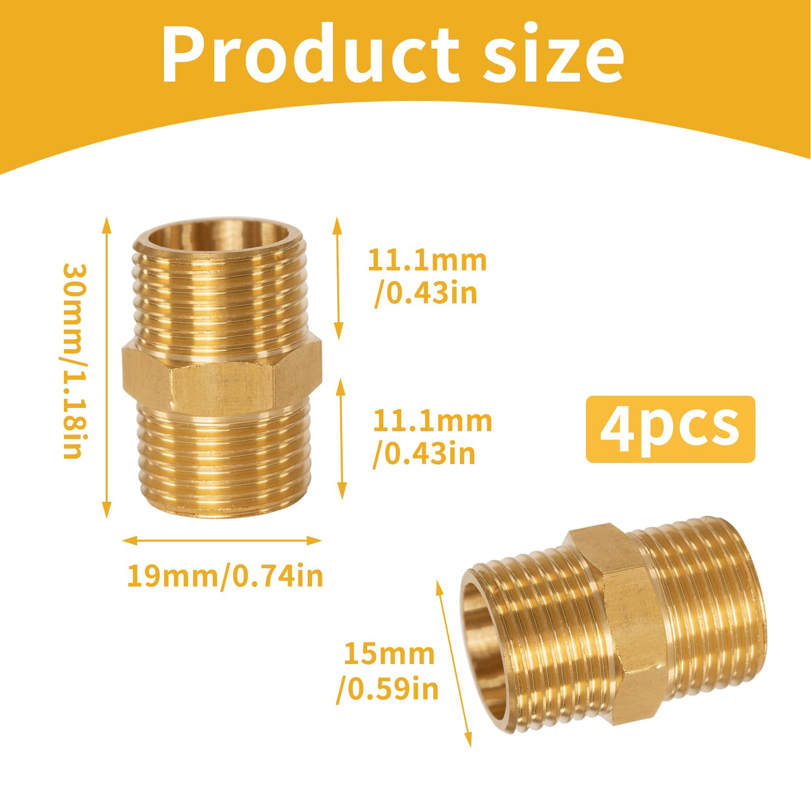 Conectores Rectos de Latón 1/2" BSP Macho a Boquilla, Reducción Doble Boquilla para Tubería