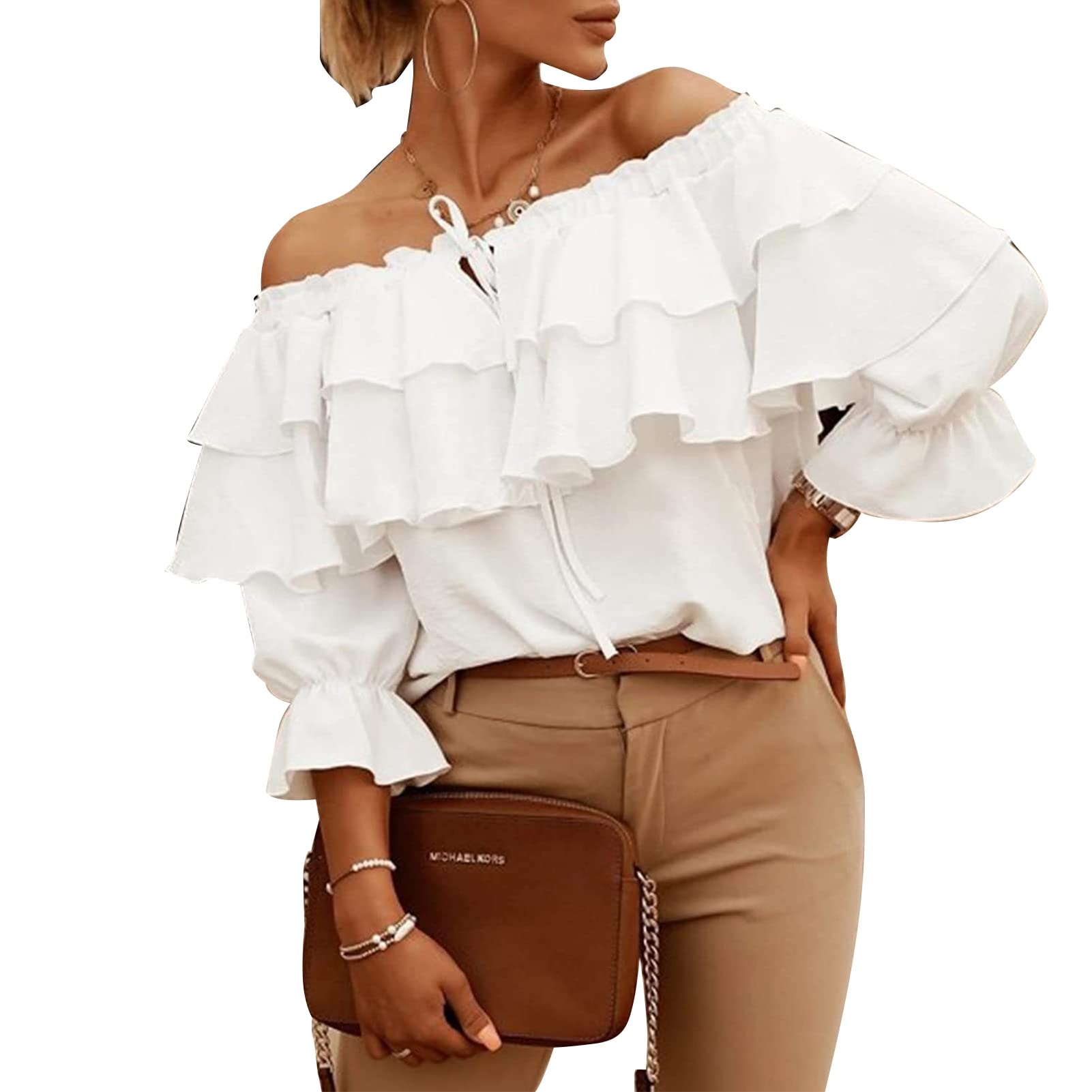 GOTOTOP Schulterfrei Oberteile 3/4 Geschichtete Rüschenärmel Rückenfrei T-Shirts Bluse Tops(L-Weiß)