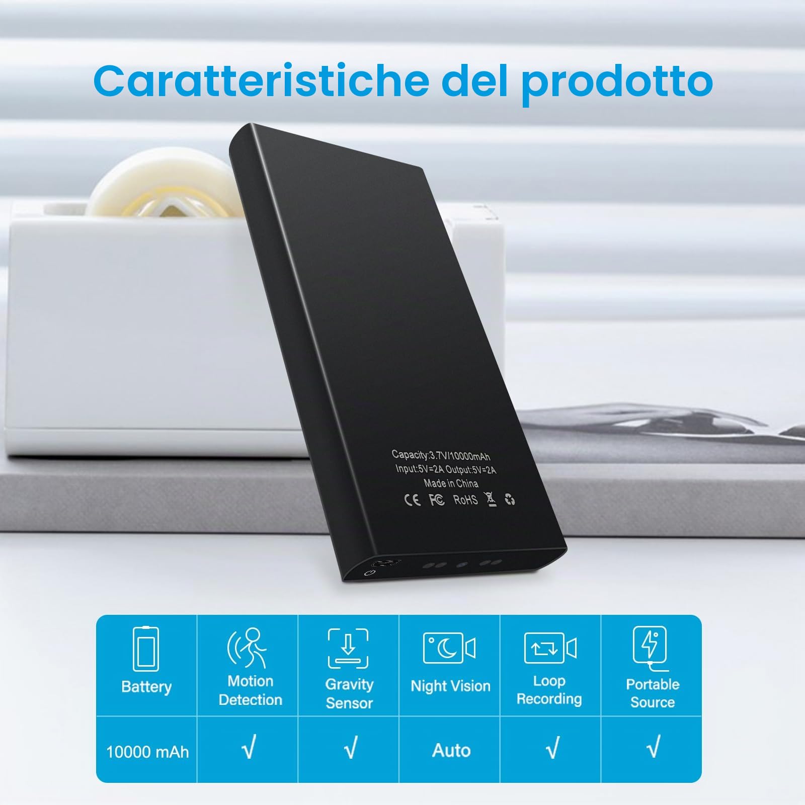 Mini telecamera nascosta spia, 1080P, 10000mAh, batteria esterna portatile nascosta, 20 ore di registrazione continua, telecamera di sicurezza per babysitter, telecamere segrete con sensore di
