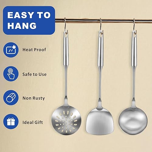 Miniatura 6 de Wok Utensils Herramientas para acero al carbono, juego de 3 espátulas Wok de acero inoxidable, juego profesional de herramientas Wok, mango