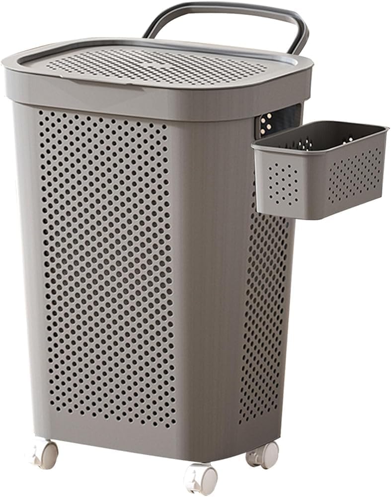Kosz Na Pranie Z Uchwytem Z Plastikową Pokrywką - Wąski, Wysoki, Zwijany Kosz Na Brudne Ubrania Z Wycięciem, Wentylowany Do Sypialni, łazienek, Sypialni(Color:Szary)
