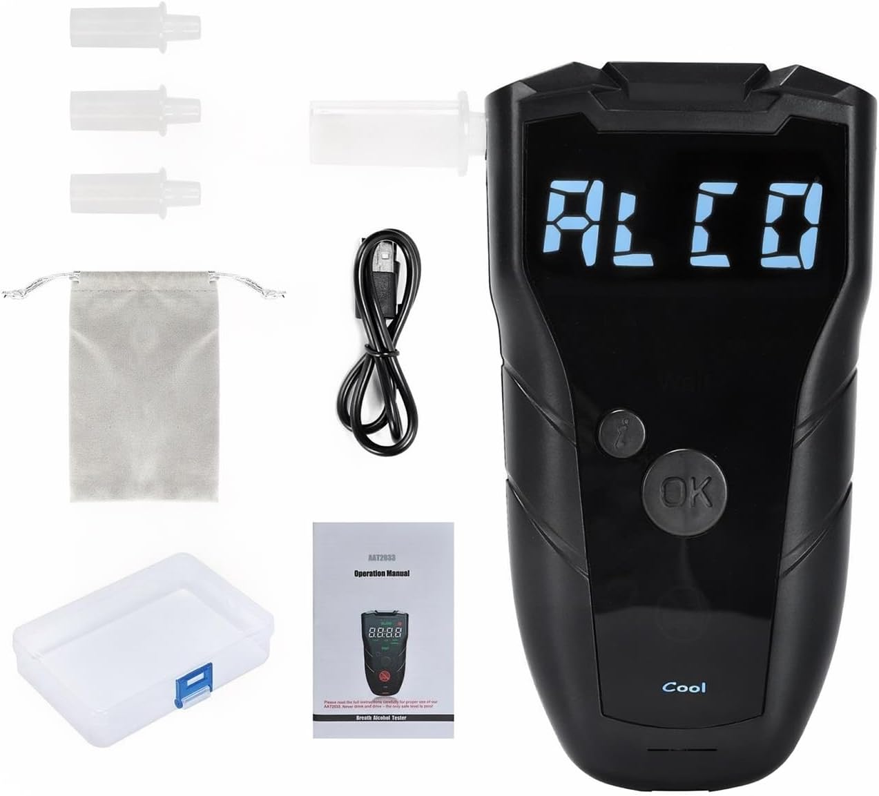 Rechargeable Breathalyzer with Auto Flow detect and Auto Cleaning Feature, 10 Memories and LED Display Visible at Night (Black 2033)