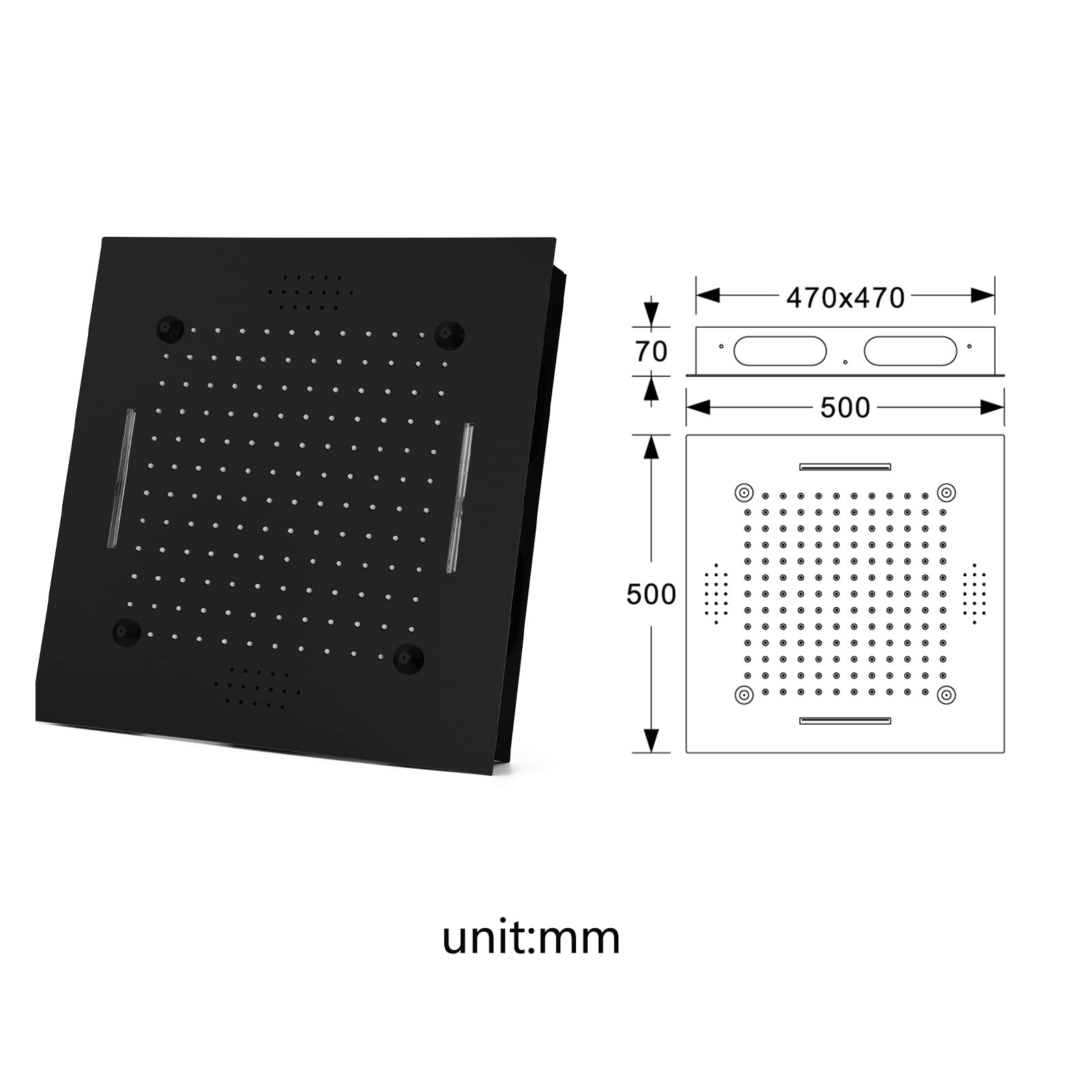 Cabezal de Ducha Cuadrado LED, 500mm 3 Funciones Música Alcachofa de Ducha Acero Inoxidable Empotrable Rociador Ducha 64 Colores Cabezal de Ducha Lluvia, Alcachofas Fijas para Ducha,Negro