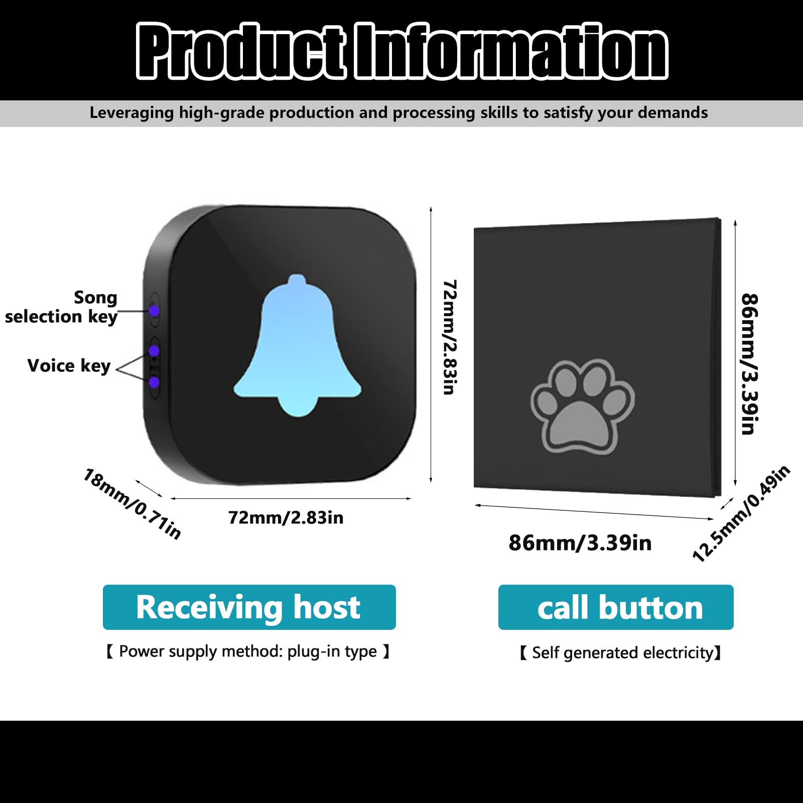 Campanello per Cani Senza Fili: Campanello Wireless per Cani, 38 Melodie, Volume Regolabile, Portata di 400 M, 1 Ricevitore, 1 Trasmettitore, Campanello Wireless Intelligente per Canis (Nero)