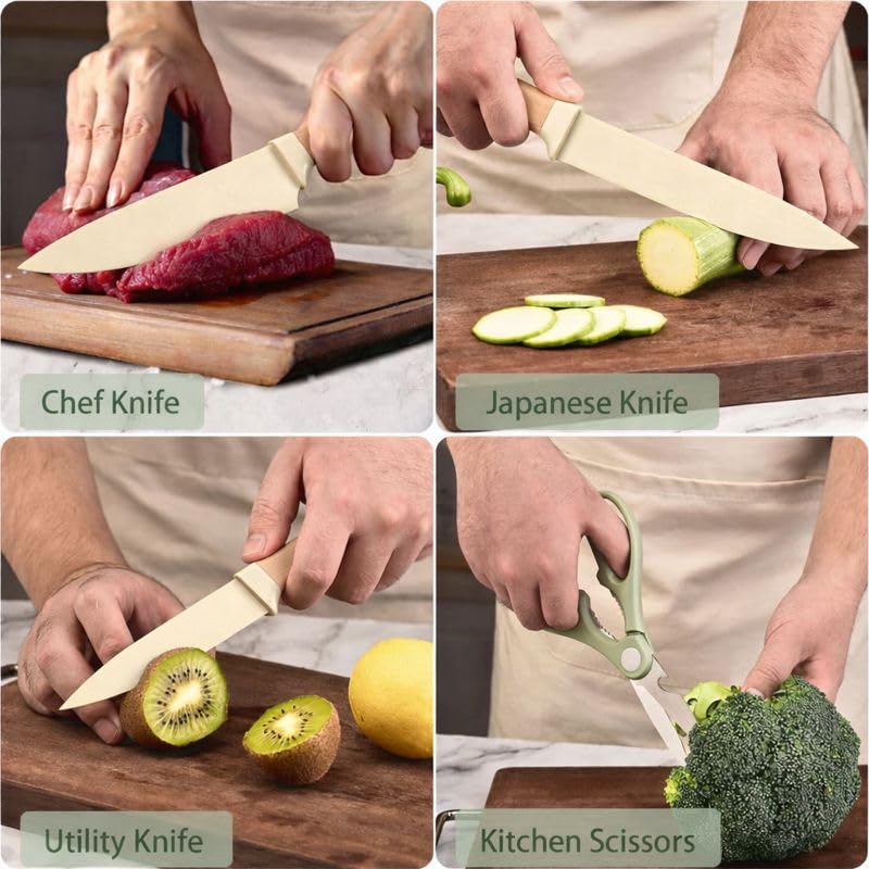 Image of Knife Set, 6-Piece Khaki Kitchen Knife Set for Home, Anti-Rust Non-Stick Stainless Steel Sharp Chef Knife Sets with Universal Knife Block for Kitchen, Ergonomical Design (Green)