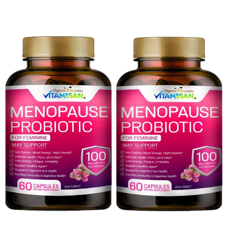 VITAMISAN Menopause Support Probiotic 2 Pack – 100 Billion CFU with Black Cohosh & Ashwagandha – Hormone-Free Prebiotics & Probiotics for Women – Feminine Care, pH Balance & Mood Support