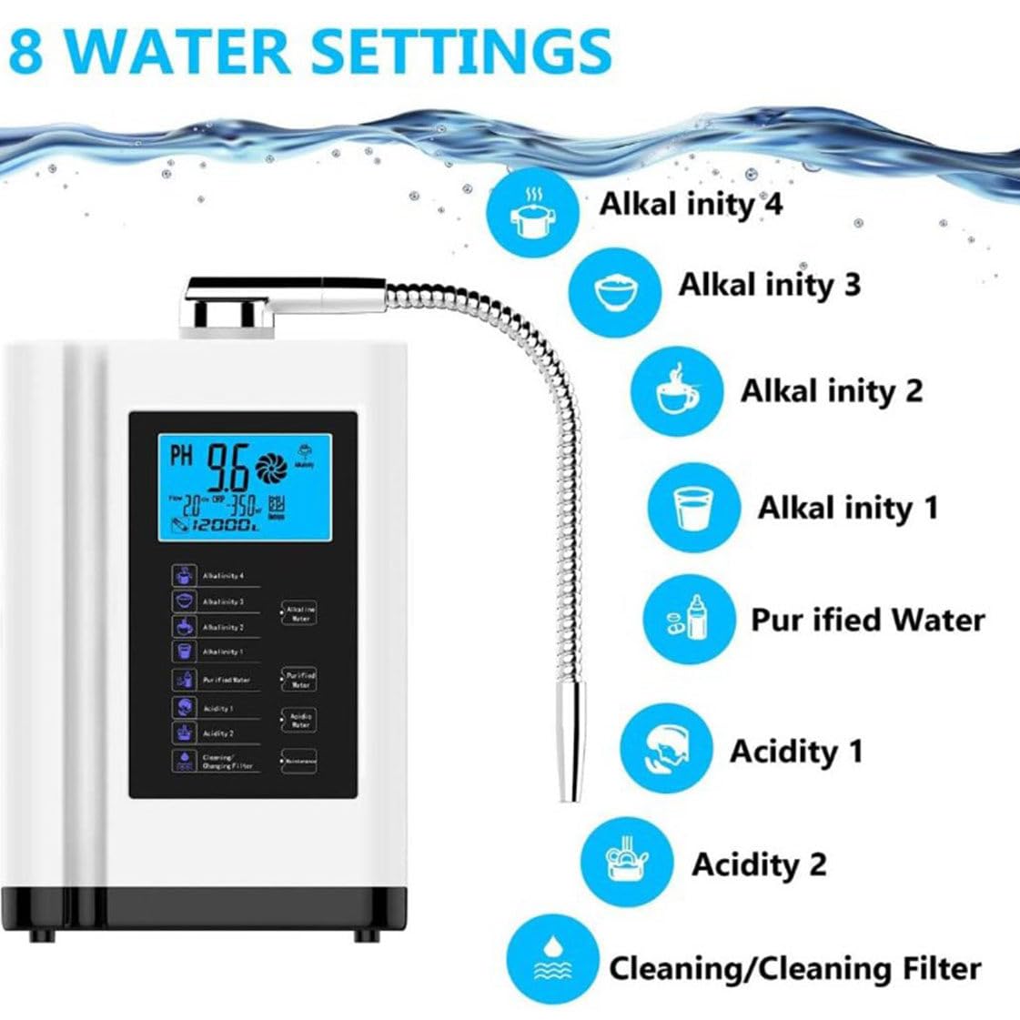 Ionizzatore d'acqua alcalina PH3.5-10.5 Generatore di idrogeno Purificatore Macchina LCD da 3,8 pollici Filtro per acqua potabile acida alcalina domestica, con 8000 litri per filtro,Silver