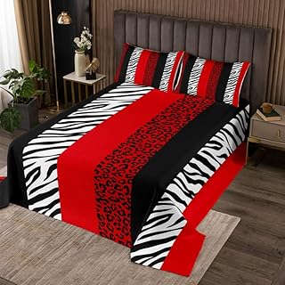 Homewish Leopard Print Bedspread Twin Size,Zebra Skin Texture Coverlet Set 2pcs for Kids Teens Adult Room Decor,Striped Fashion Quilted Coverlet Black White and Red Bedding Quilt with 1 Pillowcase