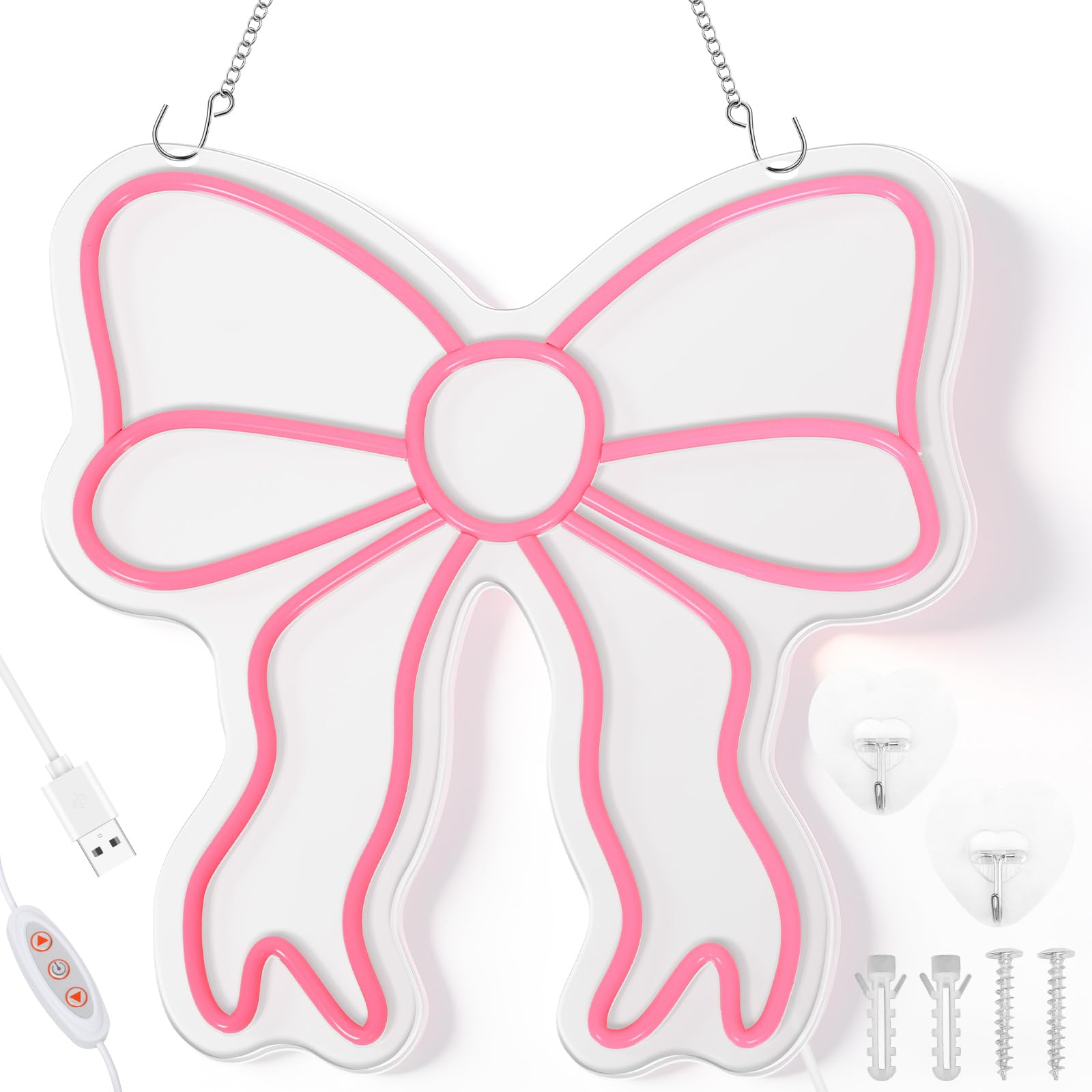 Pink Bow Neon Sign, LED Hanging Light Sign, Decorative Neon Lights with 10 Level Brightness Adjustment, USB Powered Light Up Signs for Party, Bar, Stores, Wall, Clubs, Coffee, Hotel(Style 1) — image 1