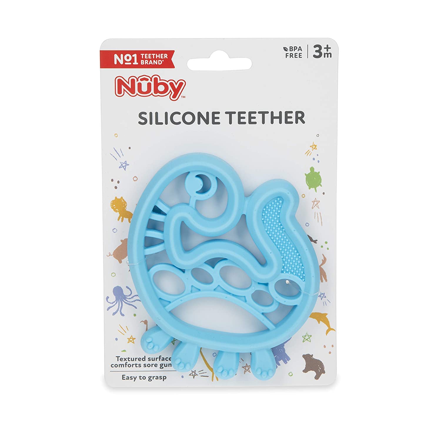 Nuby 100% Soft Silicone Teether with Massaging Bristles: 3M+, Dinosaur