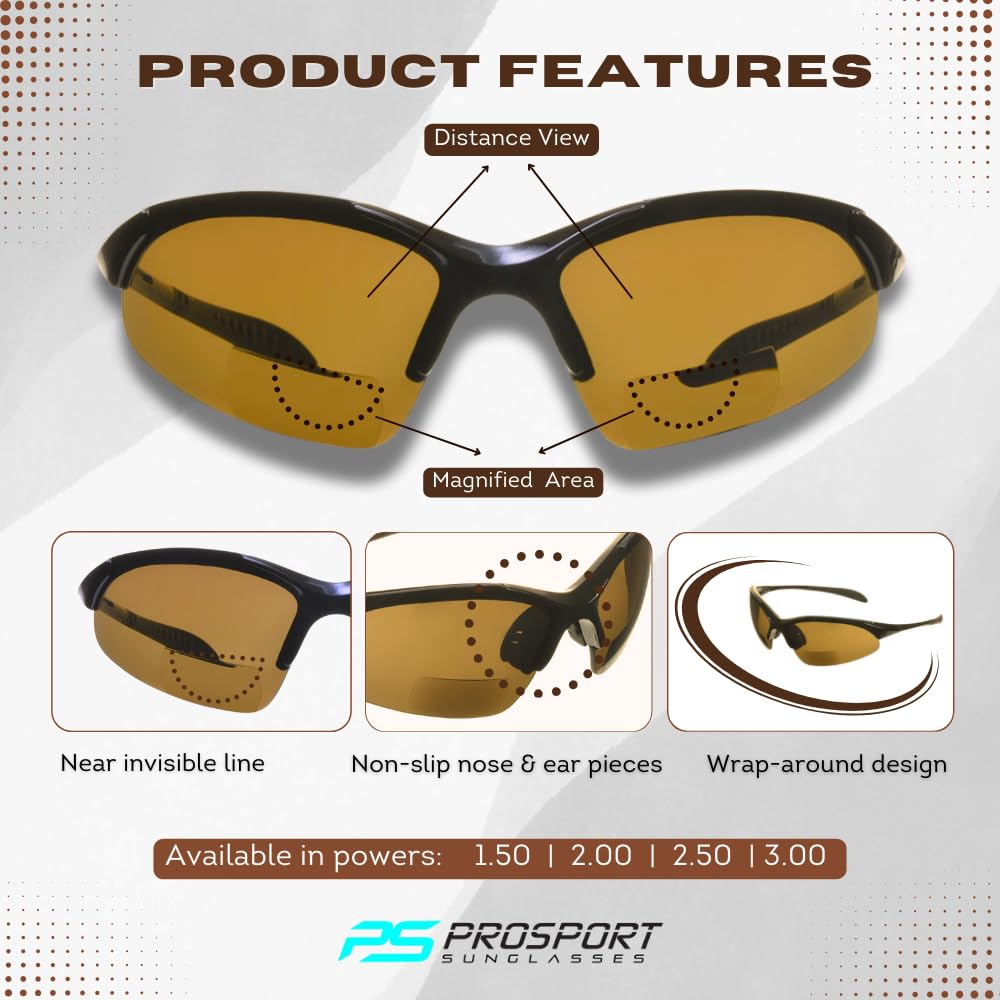 proSPORT Premium Quality Bifocal Reading Sunglasses Black UV400 Sun Reader Light Weight Wrap Around Sport Golf Cycling 1.50 2.00 2.50 3.00 4
