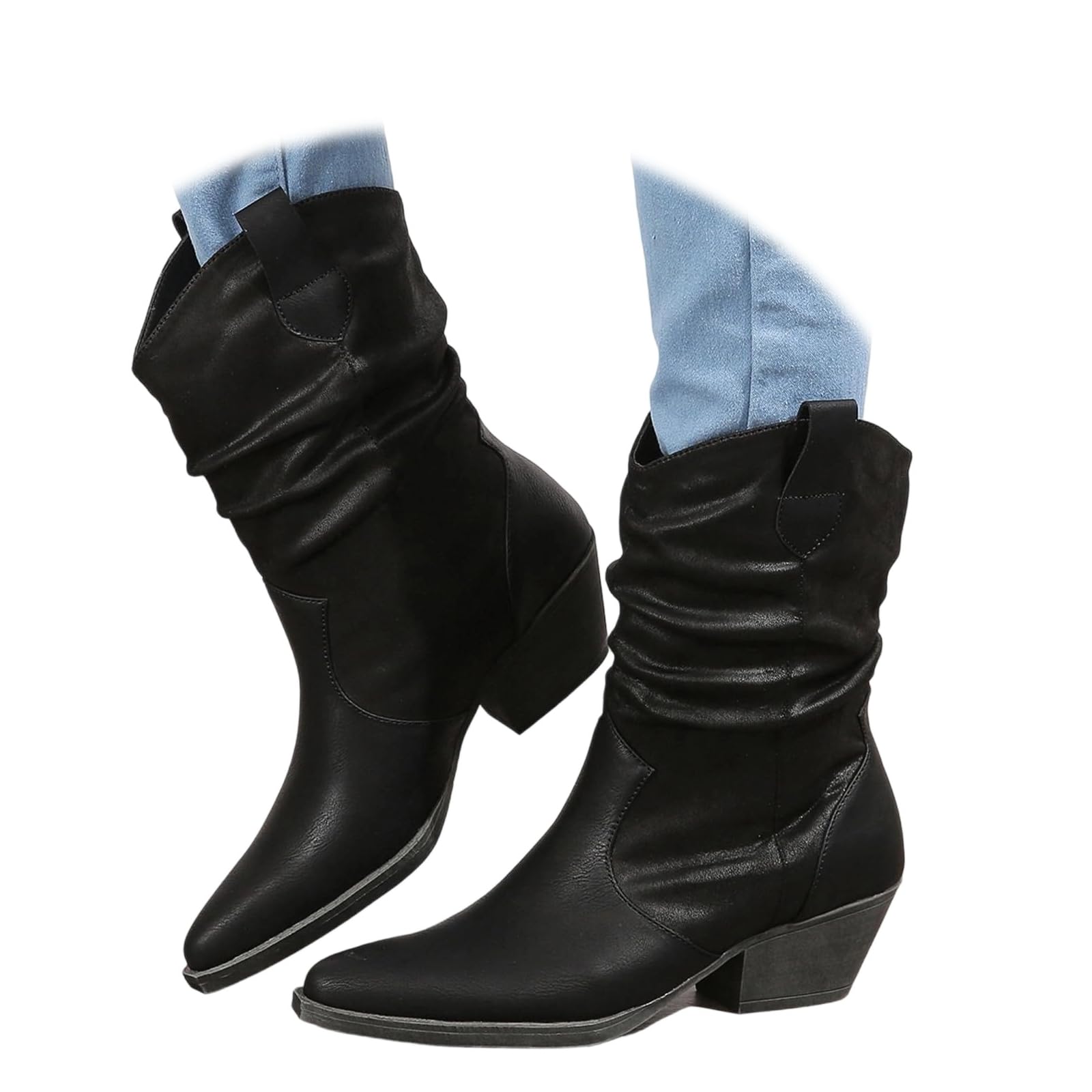 Cowboy Boots for Women Mid Calf Cowgirl Boots Slouchy Pull-on Ankle Booties for women