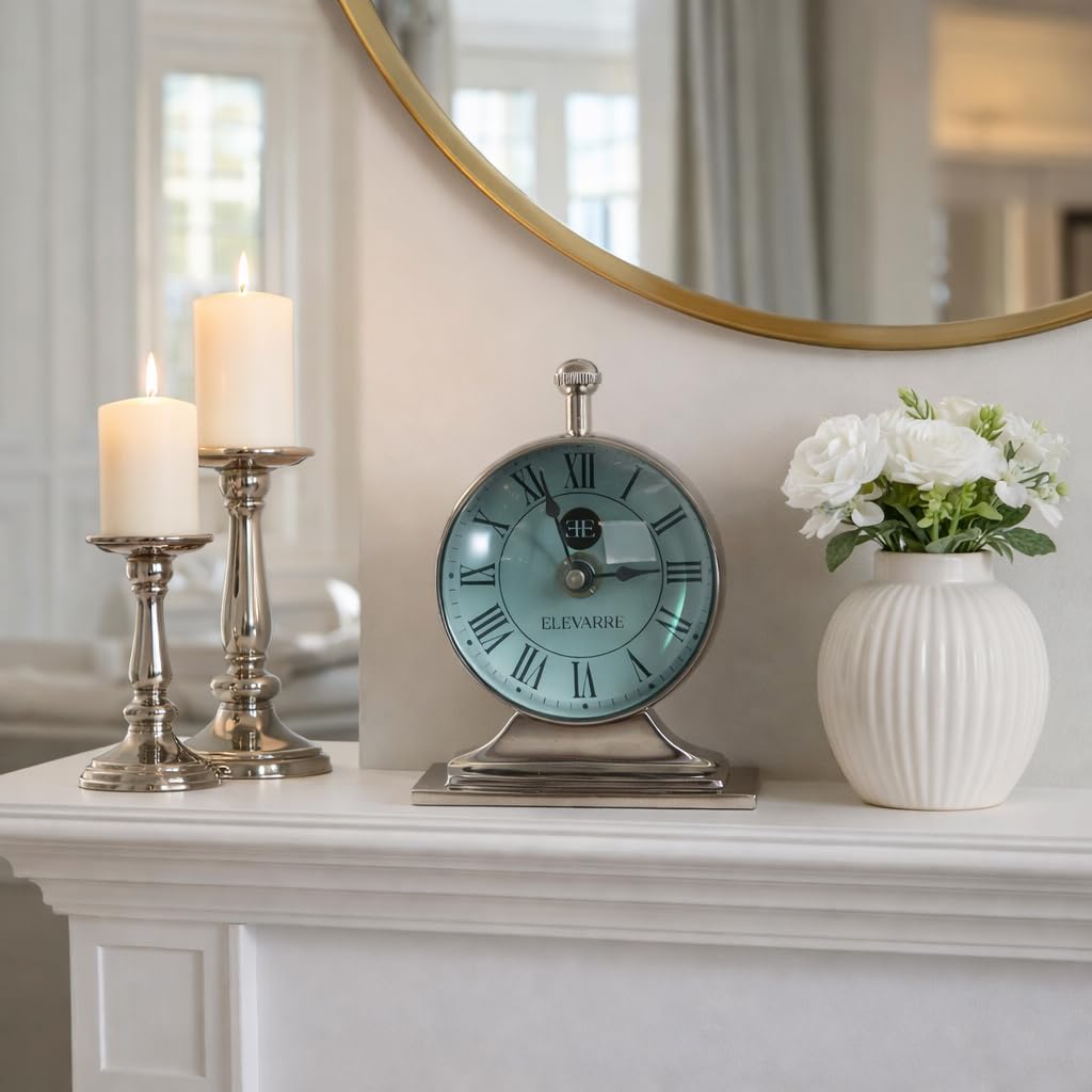 Classic Double Sided Desk Clock for Living Room Decor - Modern Clock with Metal and Glass Design for Office or Mantel Display - Small Decorative Table Accent for Home Styling - 7", Silver