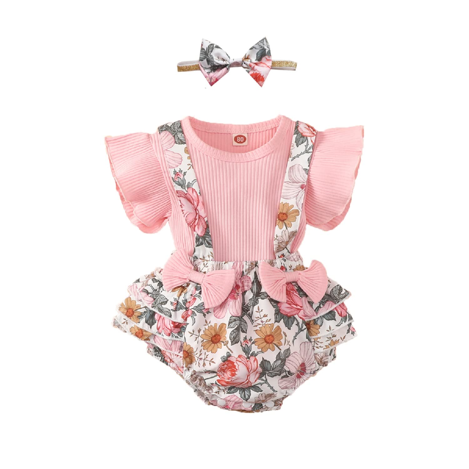 AIOIDI AIOIDI Conjunto Ropa Bebe Niña Recien Nacido Verano Floral Falda de Tirantes+ Manga Corta Volantes Mameluco +Diademas con lazo (0-24meses) 3 Piezas