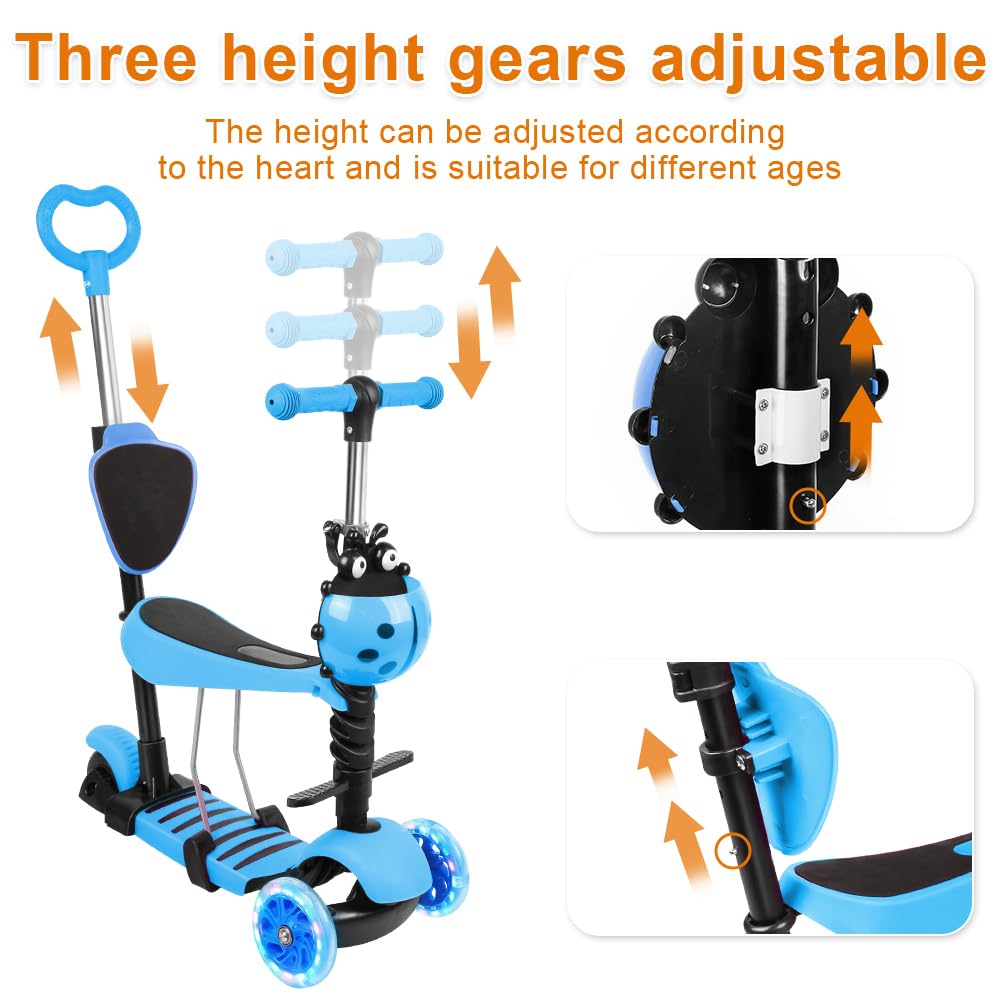 Trottinette avec Siège 5 en 1,Trottinette Enfant,3 Roues Plateau Antidérapant LED, Patinette réglable en Hauteur,Idéal Cadeau pour Enfants 2 a 8 Ans,30KG