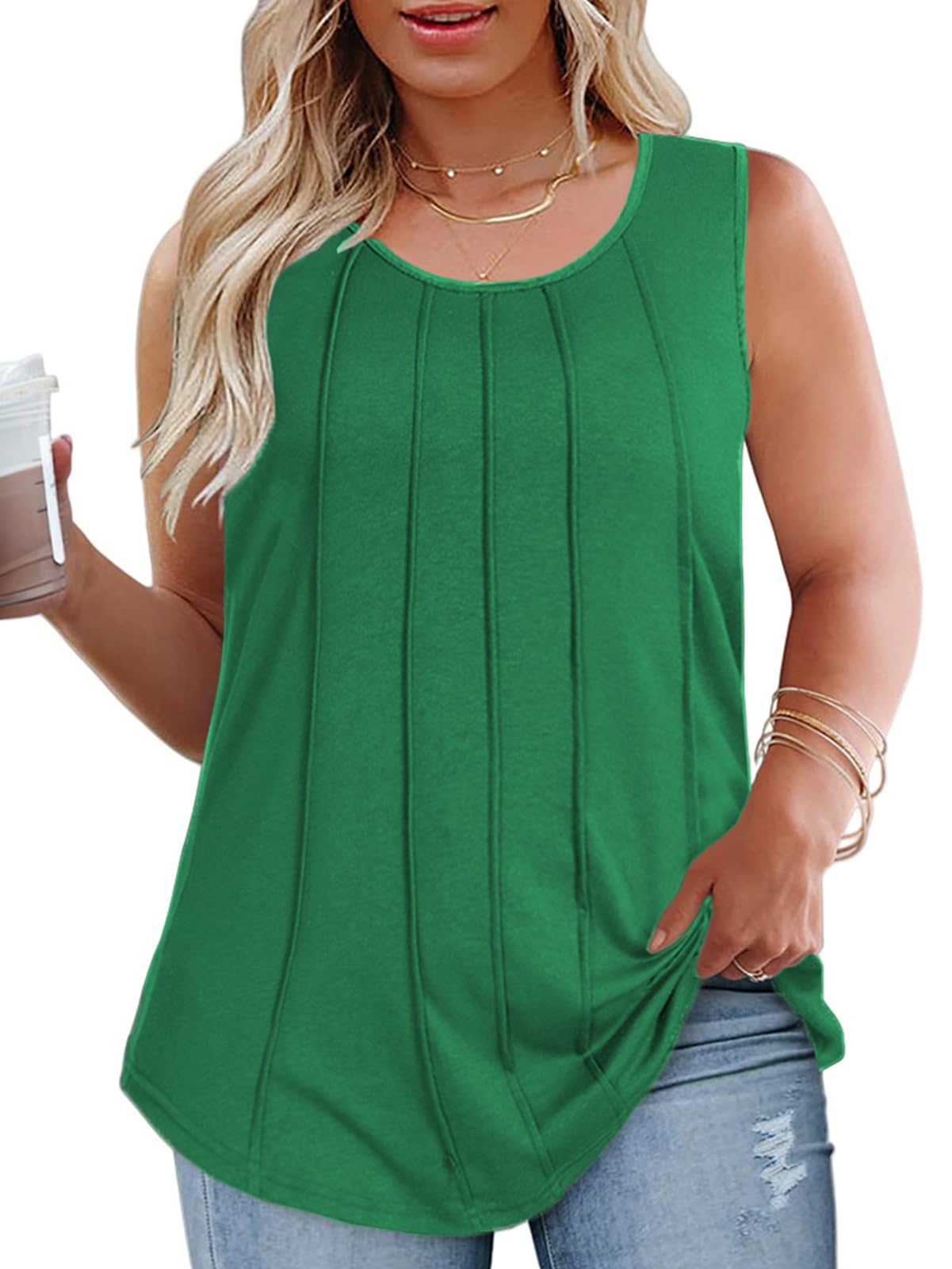 ROSRISS Plus-Size-Tank-Tops Summer Sleeveless Casual Pleated Shirts Trendy Scoop Neck Tunics Flowy Tees