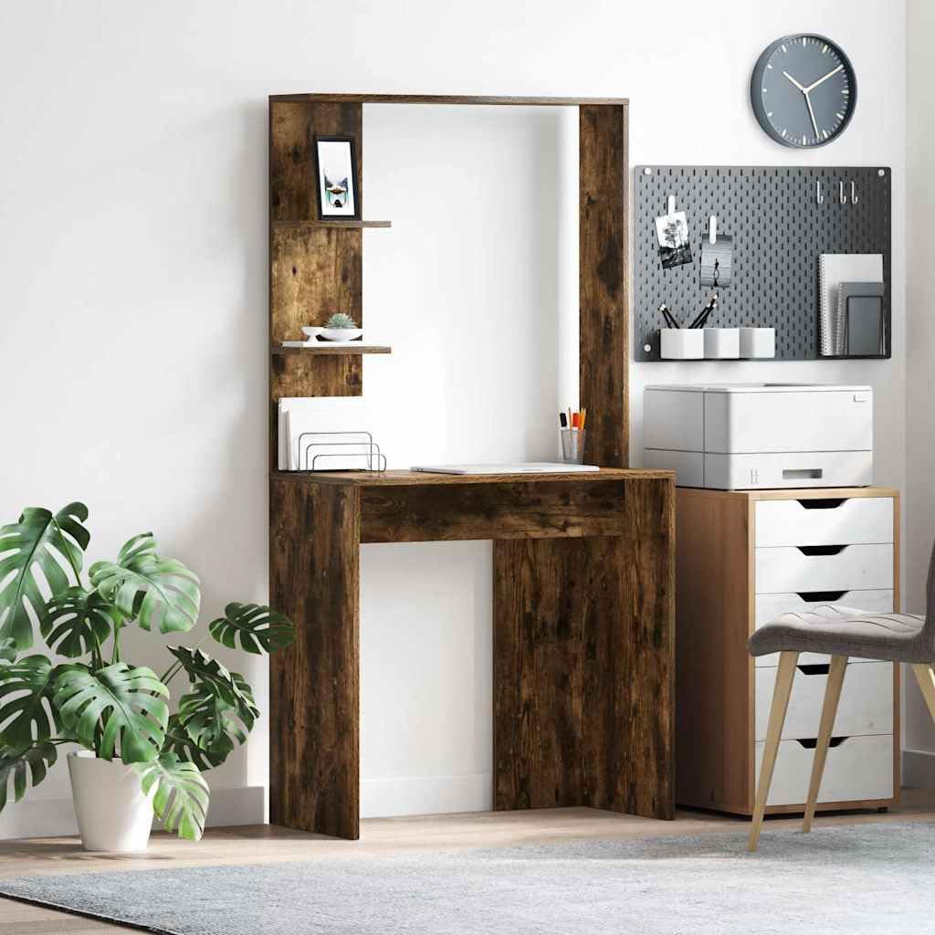 Scrivania con scaffale, in rovere affumicato, 78,5 x 37 x 154,5 cm, moderna scrivania per computer per casa, ufficio, studio, con spazio di archiviazione e piano di lavoro funzionale
