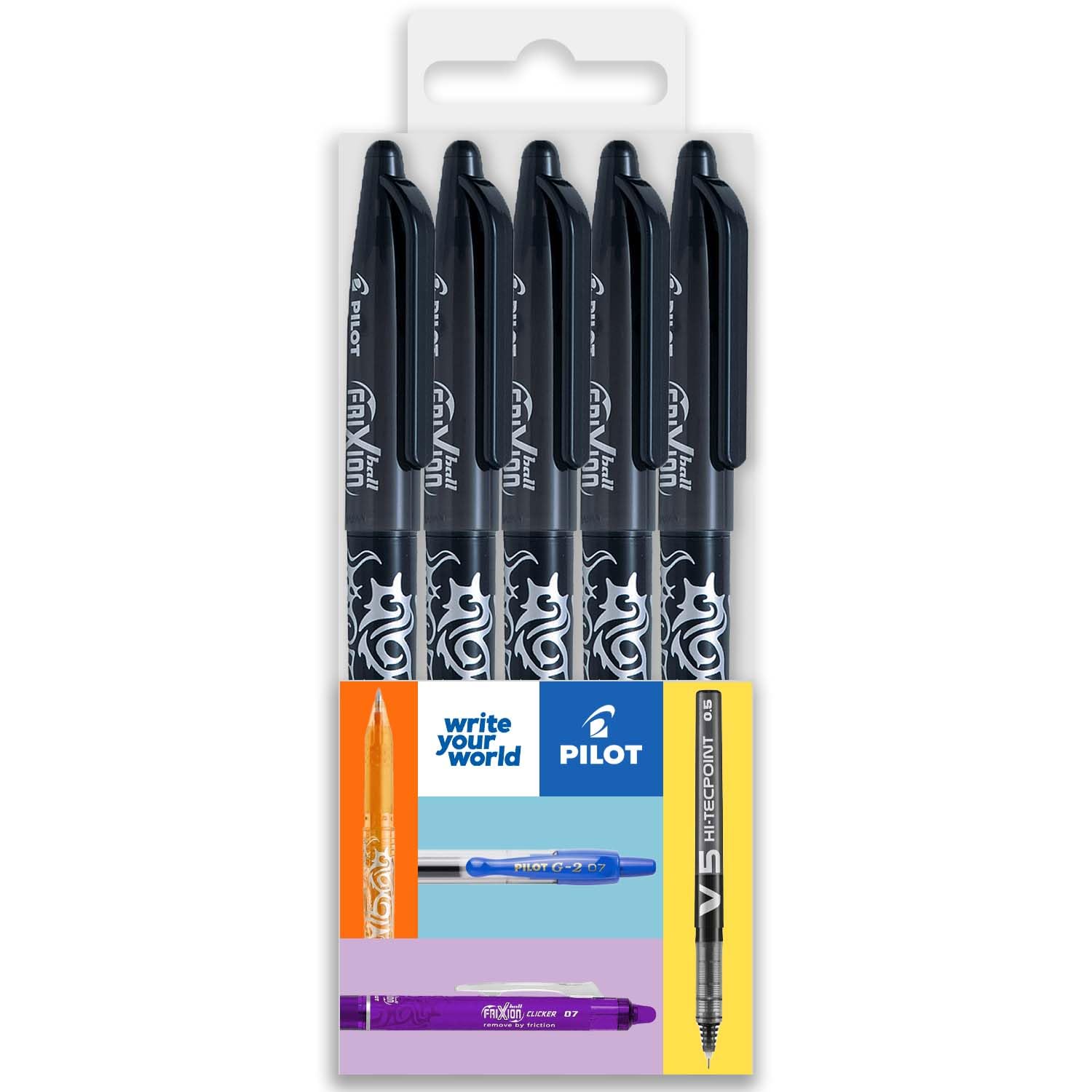 PILOT Frixion Heat/Friction Erasable Rollerball Pen FR7 - Medium Line 0.7mm Tip Nib - In Envelope Gift Packaging - Pack of 5 - Black