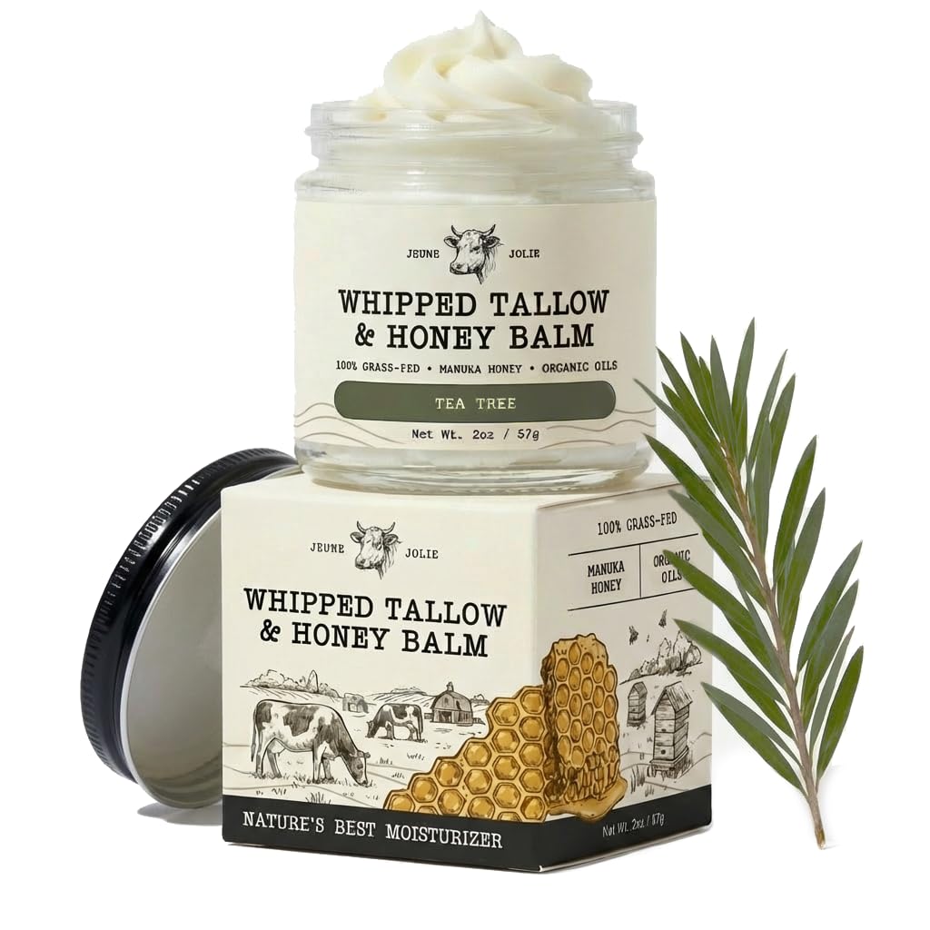 Whipped Grass-Fed Tallow Balm & Manuka Honey For Skin Face Body - Organic Jojoba & All-Natural Moisturizing Cream for Nourished, Soft Skin - Handmade All-Natural Moisturizer (2 Oz, Tea Tree)