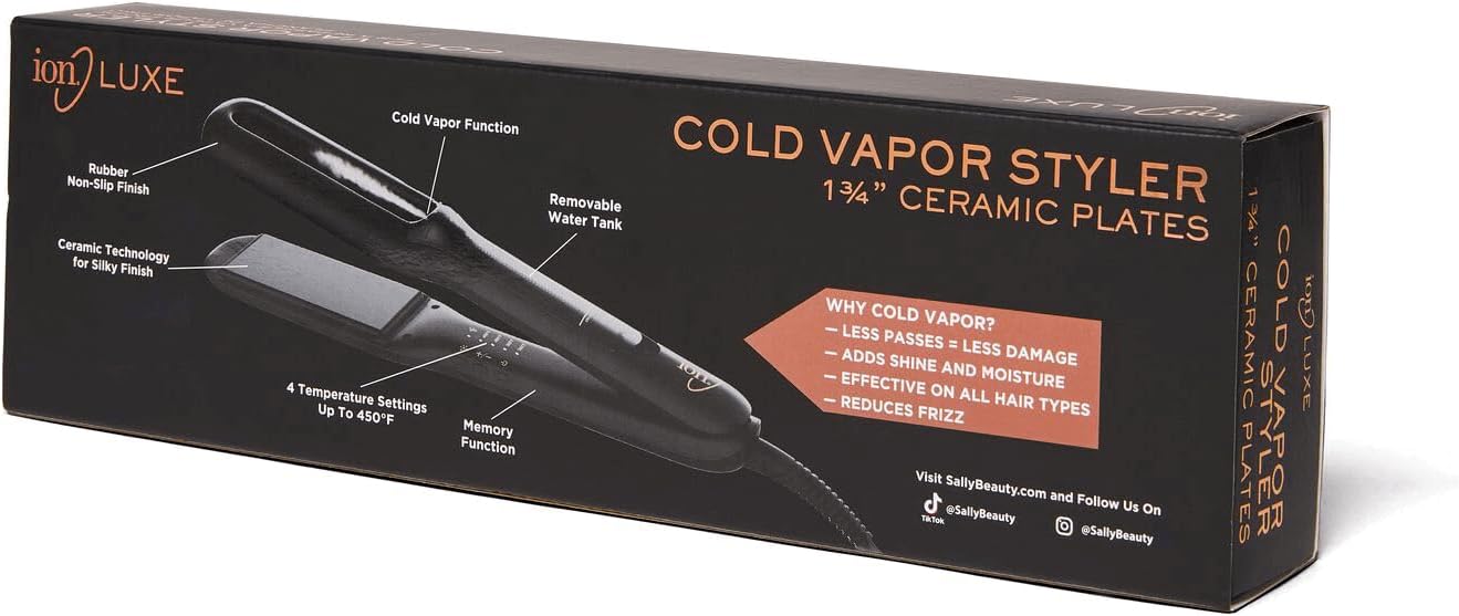 ion Luxe Cold Vapor Styler, 1 3/4" Ceramic Plates, Auto Shut Off, 4 Heat Settings, Builtin Integrated Water Tank, for Straightening and Curling
