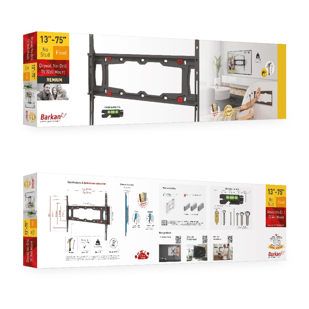 Barkan TV Wall Mount, 29-75 inch Fixed, Drywall No Stud No Drill Flat/Curved Screen Bracket, Holds up to 95 lbs, Patented, Very Low Profile, 5 Year Warranty, Fits LED OLED LCD, Black (ND400.B)