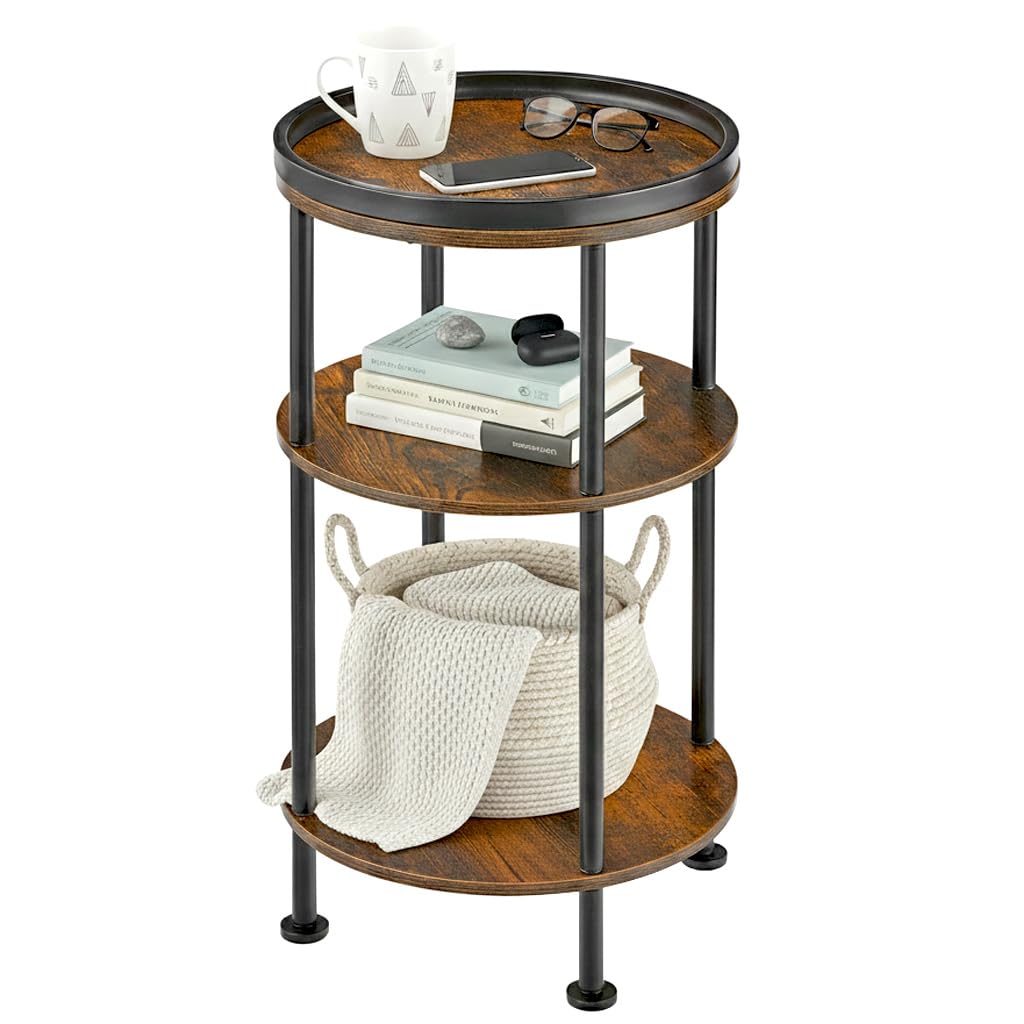 Small Round Side Table with Tray Top (Patented Design), 11.8" Narrow End Table for Small Spaces, 3-Tier Industrial Nightstand, Original Rustic Accent Furniture for Living Room Bedroom, Rustic Brown