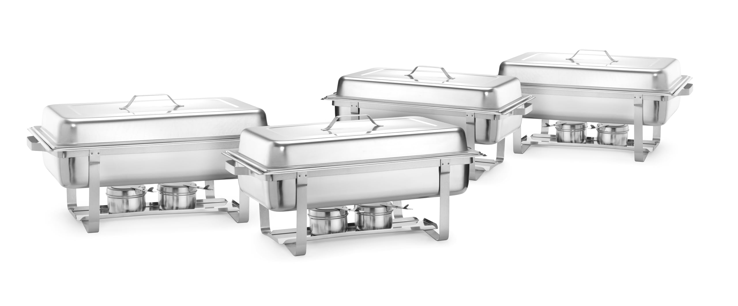 HENDI Chafing Dish Set, 4 Stück, mit 4X GN1/1 Behältern, 8X Brennpastenbehältern, integriertem Deckelhalter, Warmhaltebehälter, Buffetwärmer, Speisewärmer, 8,5L, 610x355x(H) 297mm, Edelstahl