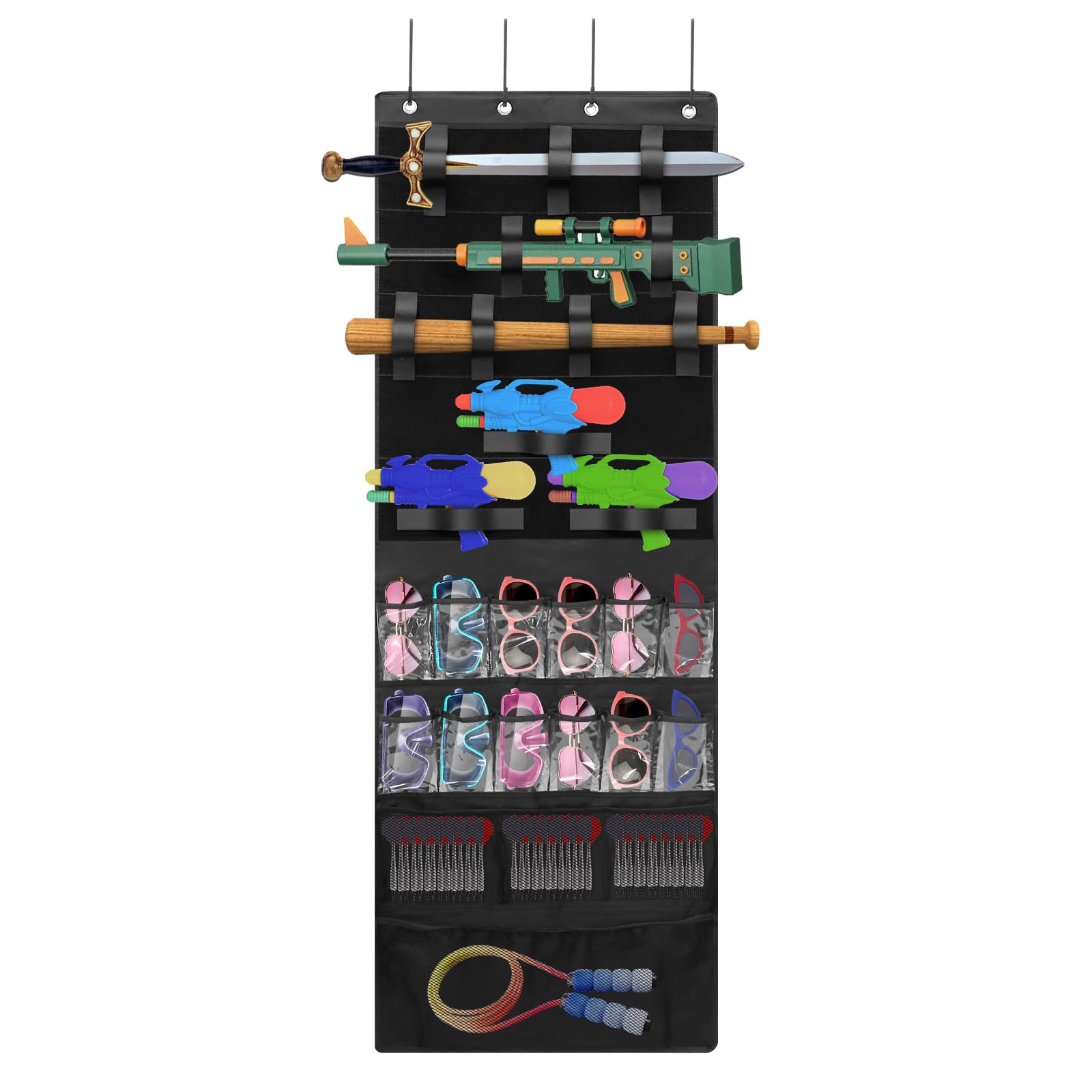 Foam Blaster over the Door Organizer for Toy Guns Space Saving Toys Storage Door Hanger with 16 Pockets and Slots Over Doors Toy Storage Organizer for Bedrooms and Game Room